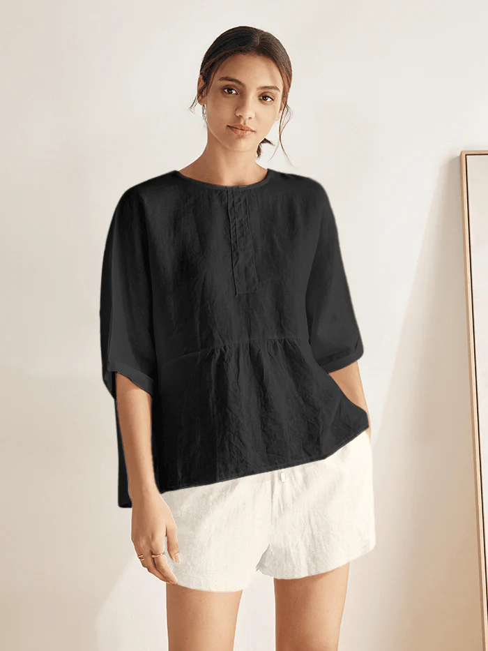100% Linen Round Neck Mid-Sleeve Top ROBYN - Image 13