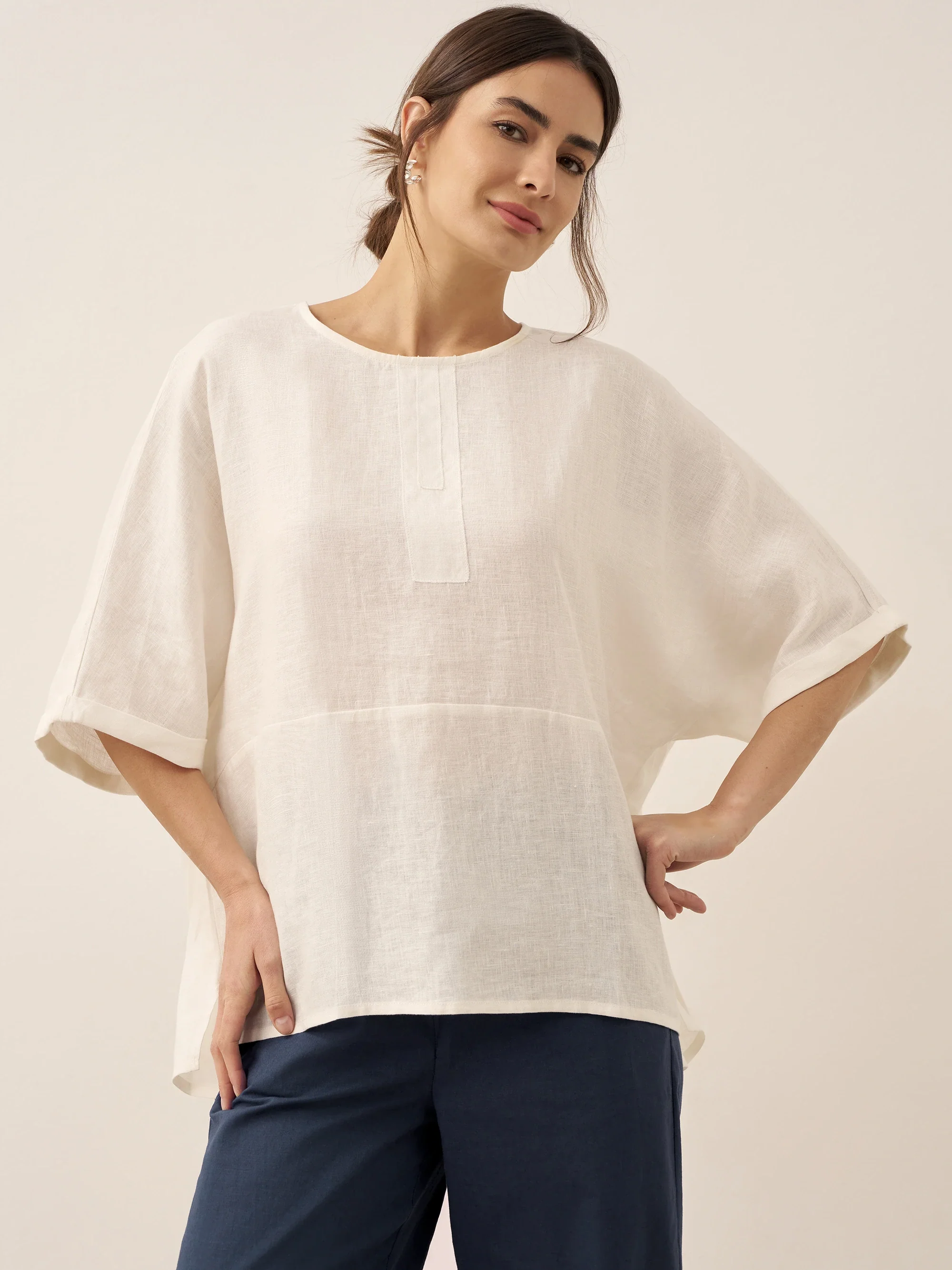 100% Linen Round Neck Mid-Sleeve Top ROBYN - Image 2