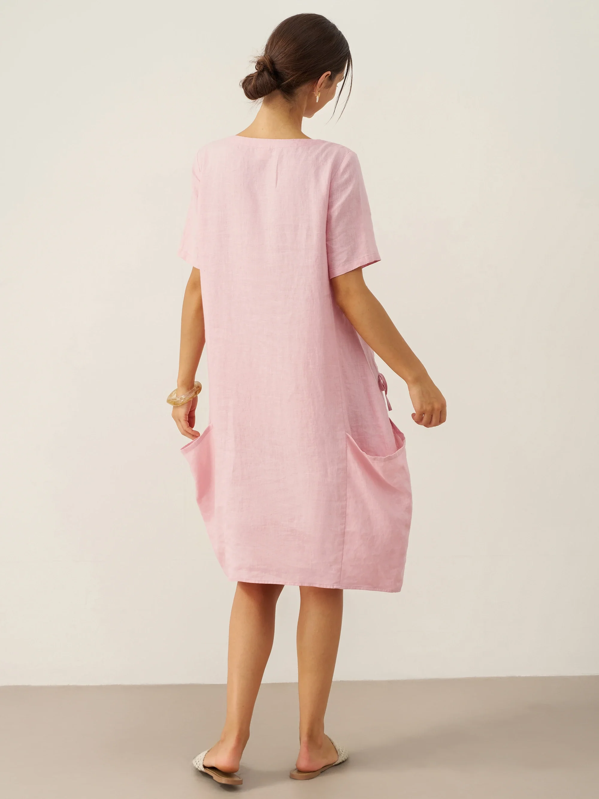 100% Linen Round Neck Patch Pocket Midi Dress XENA - Image 2