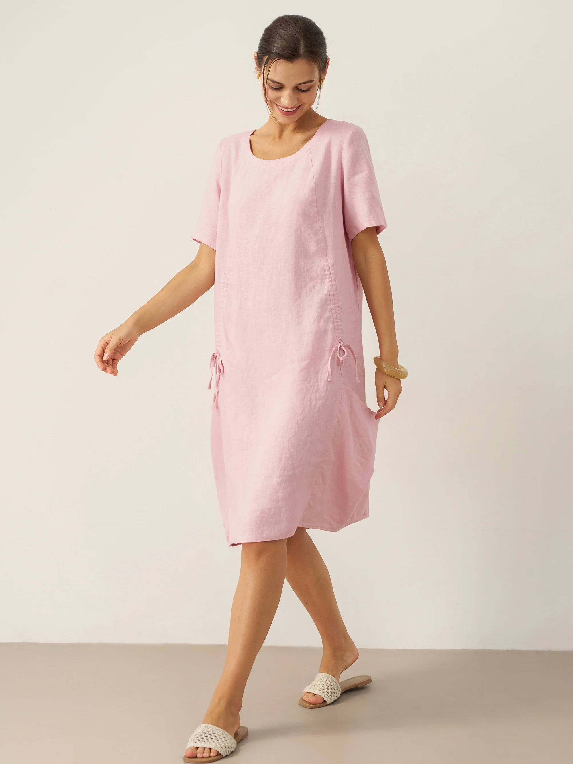 100% Linen Round Neck Patch Pocket Midi Dress XENA - Image 3