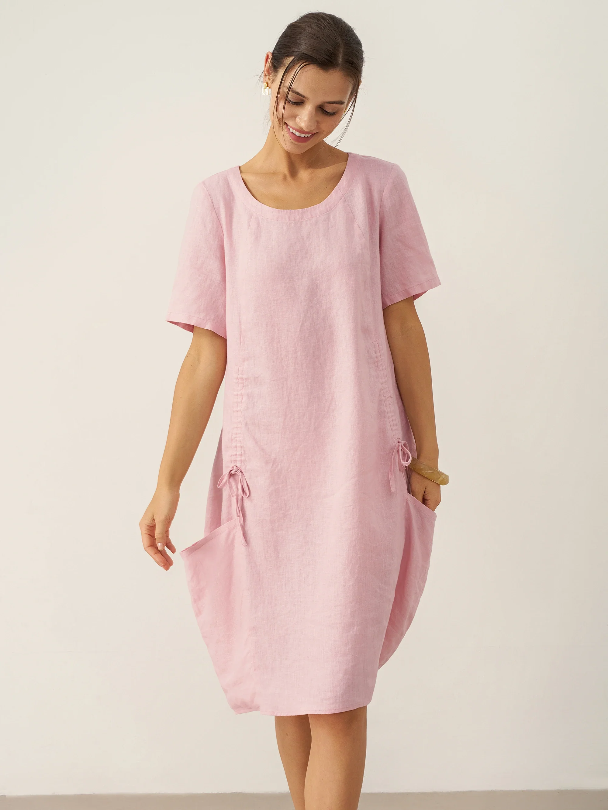 100% Linen Round Neck Patch Pocket Midi Dress XENA - Image 4