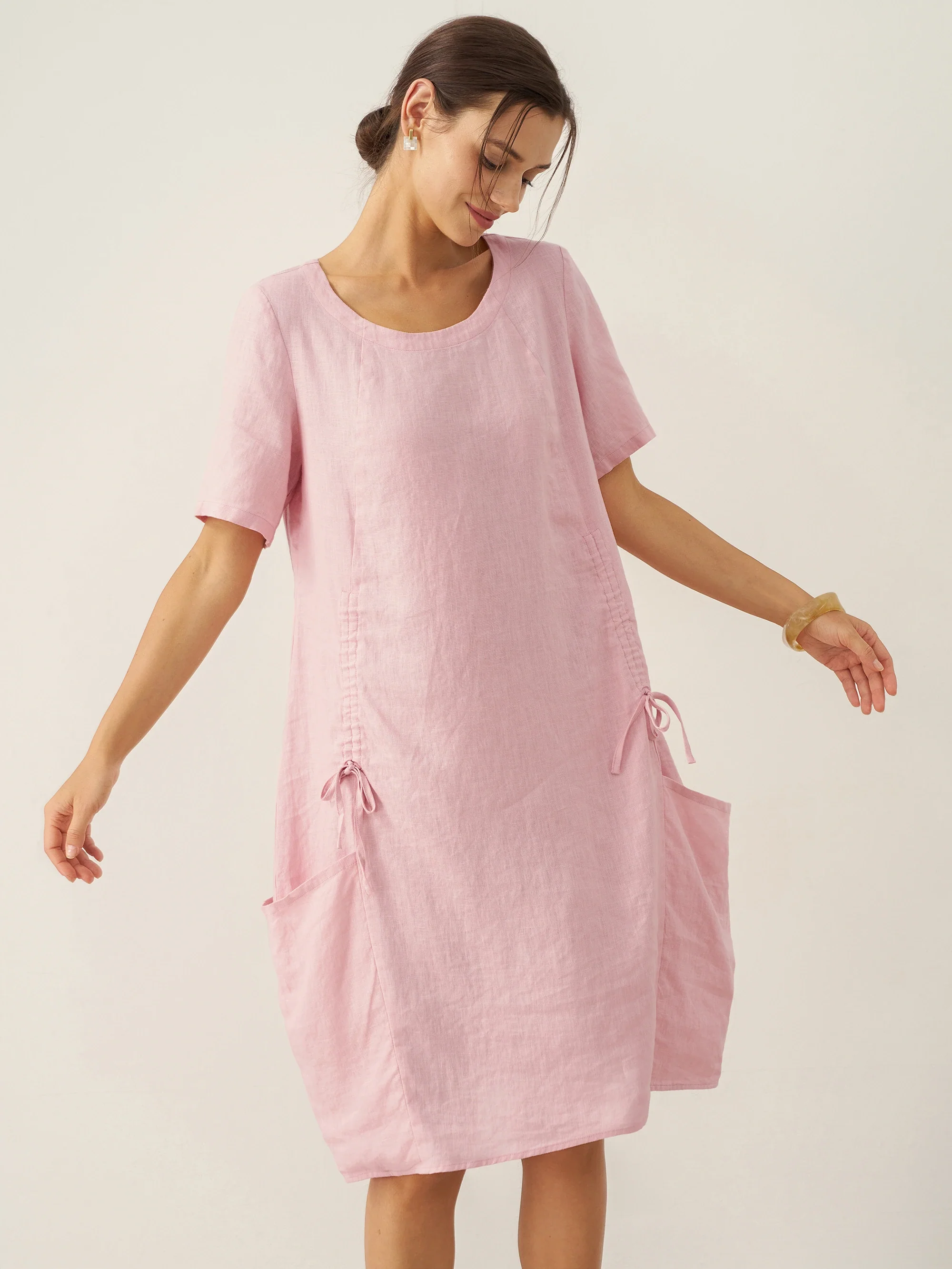 100% Linen Round Neck Patch Pocket Midi Dress XENA - Image 5