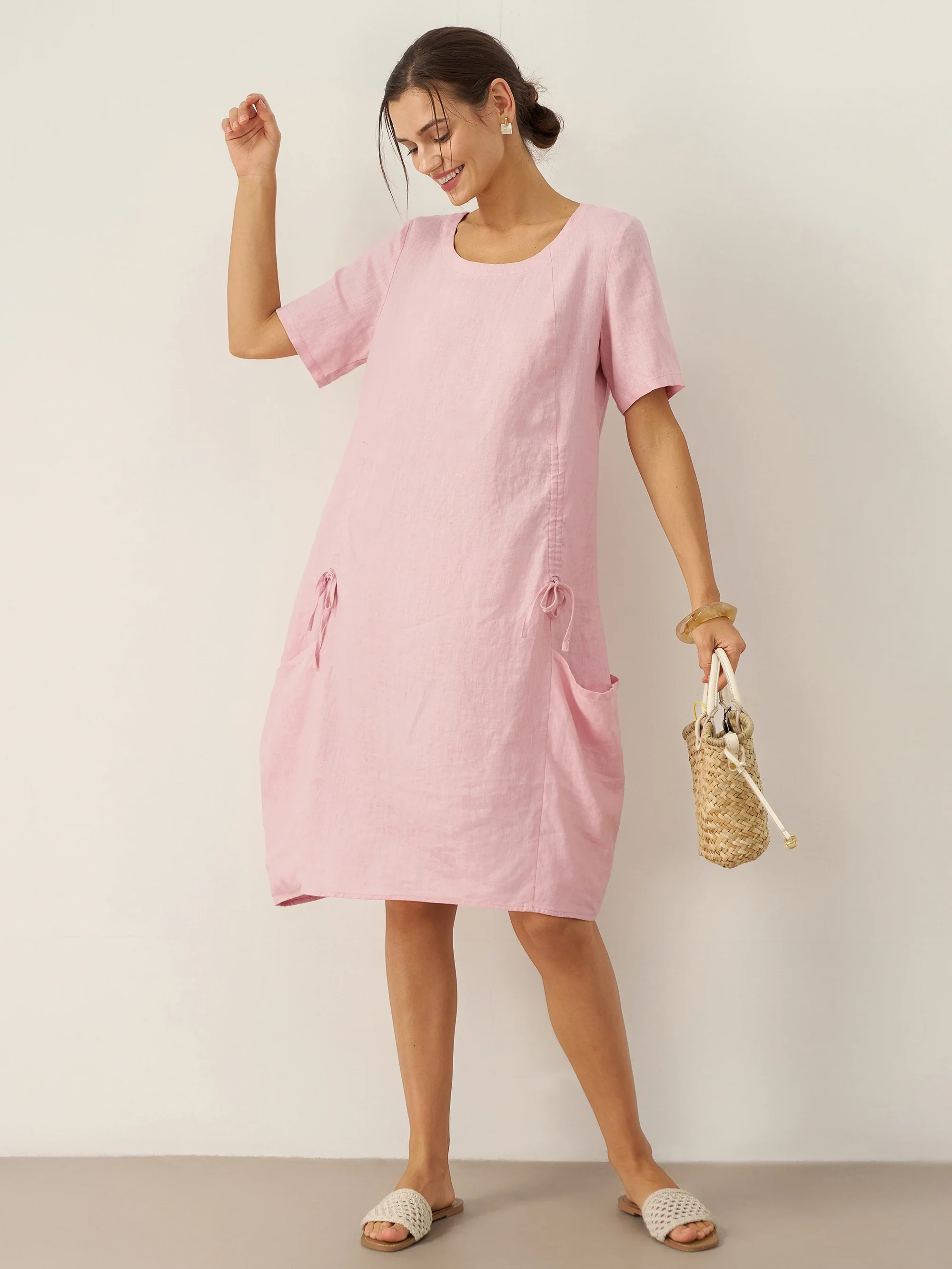 100% Linen Round Neck Patch Pocket Midi Dress XENA - Image 6