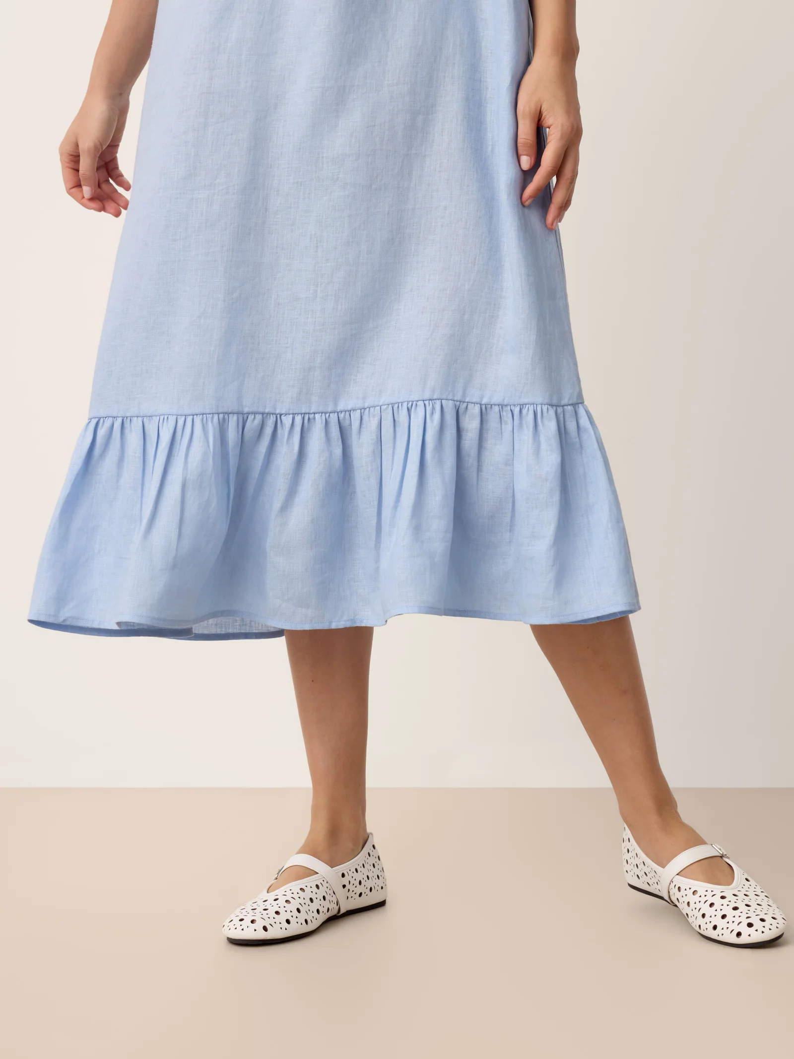 100% Linen Ruffle-Trim Belted Midi Dress LIVARA - Image 8