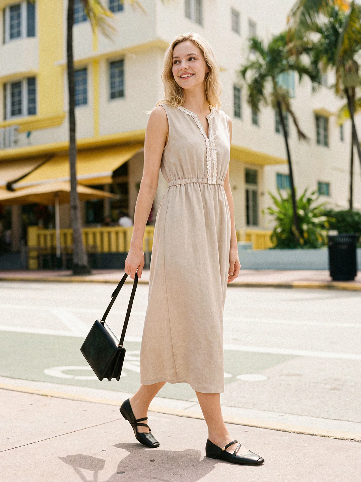 100% Linen Ruffle Trim Elasticated Waist Sleeveless Midi Dress LUCINDA - Image 2