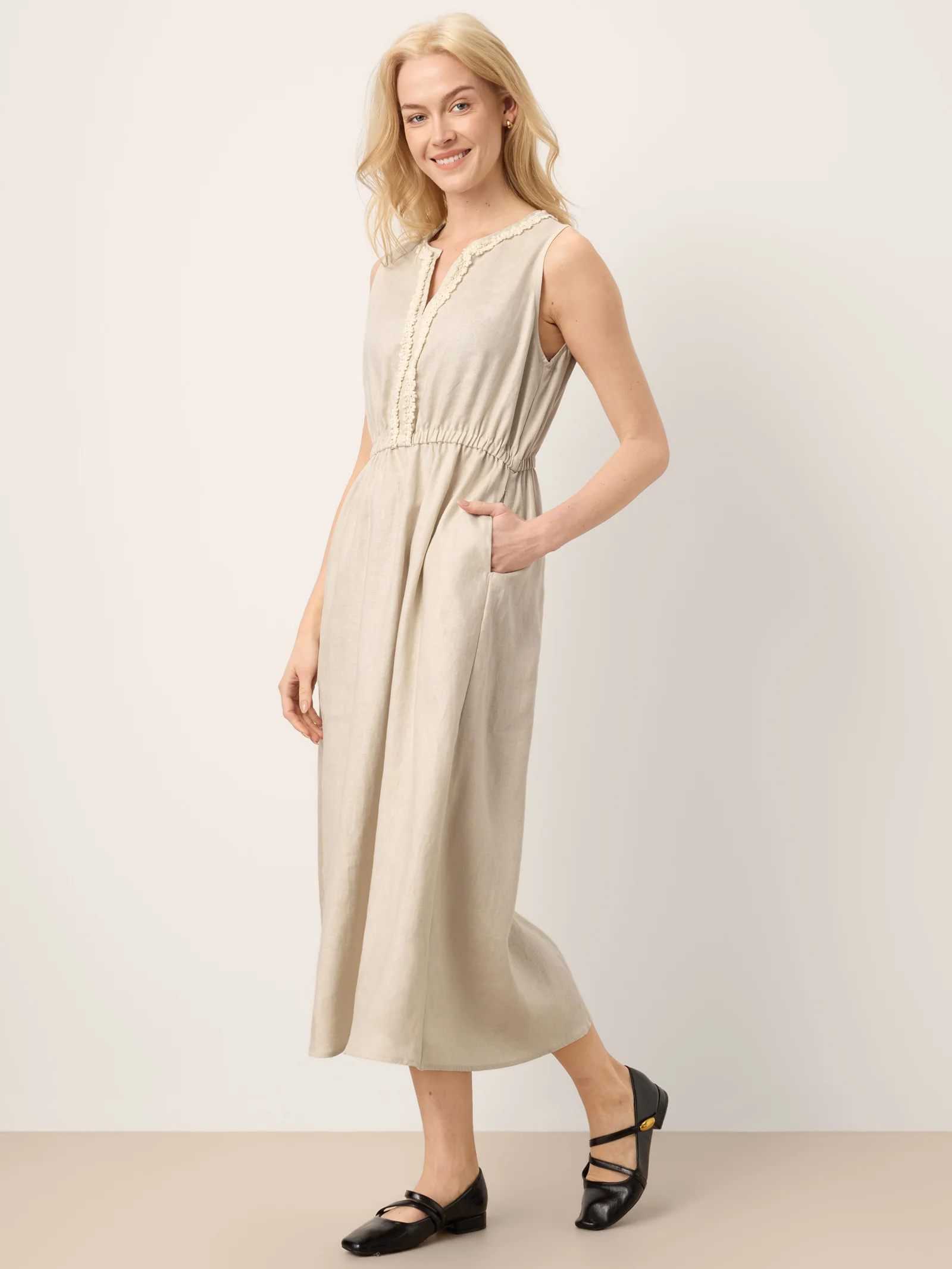 100% Linen Ruffle Trim Elasticated Waist Sleeveless Midi Dress LUCINDA - Image 4