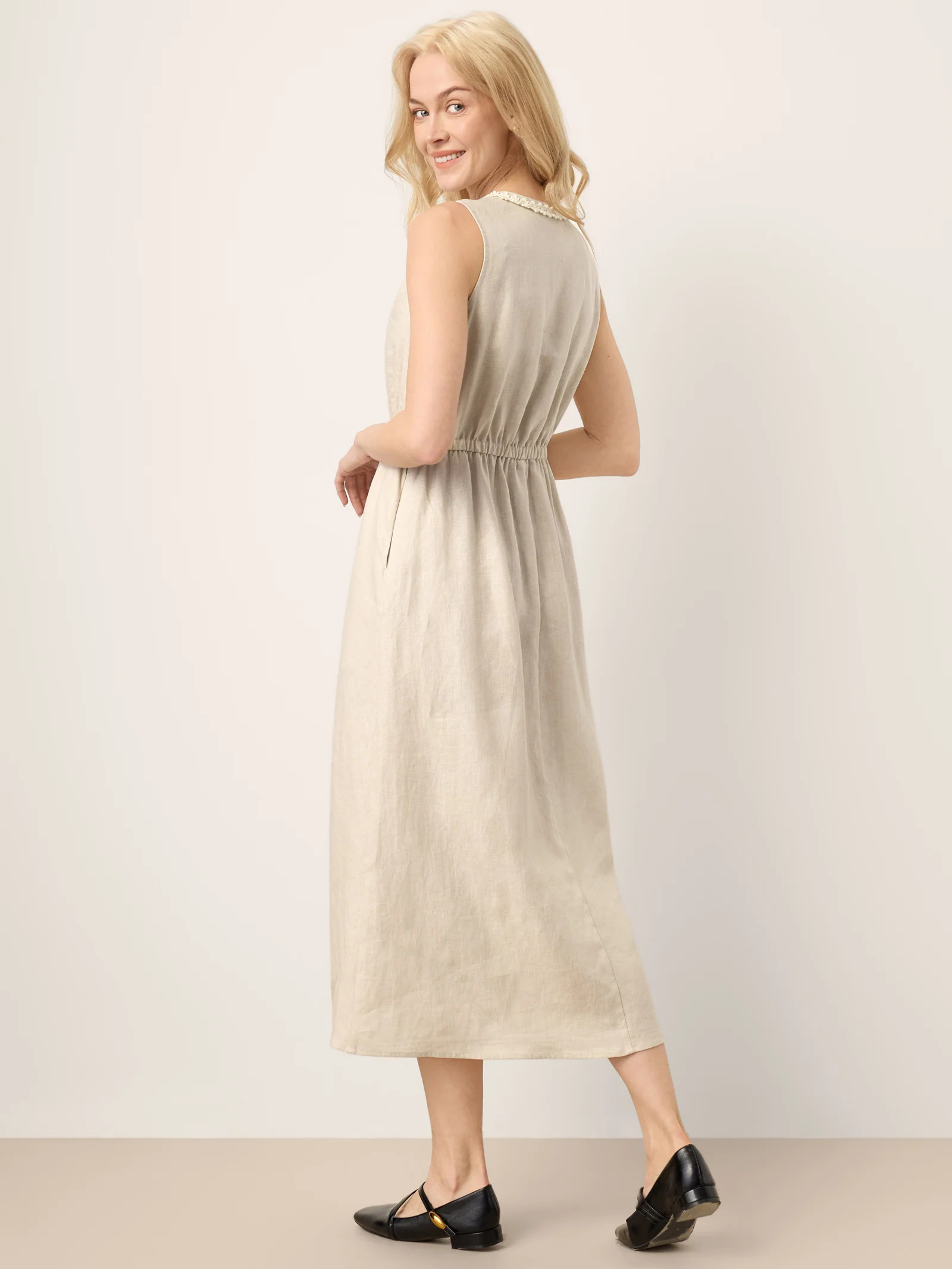 100% Linen Ruffle Trim Elasticated Waist Sleeveless Midi Dress LUCINDA - Image 5