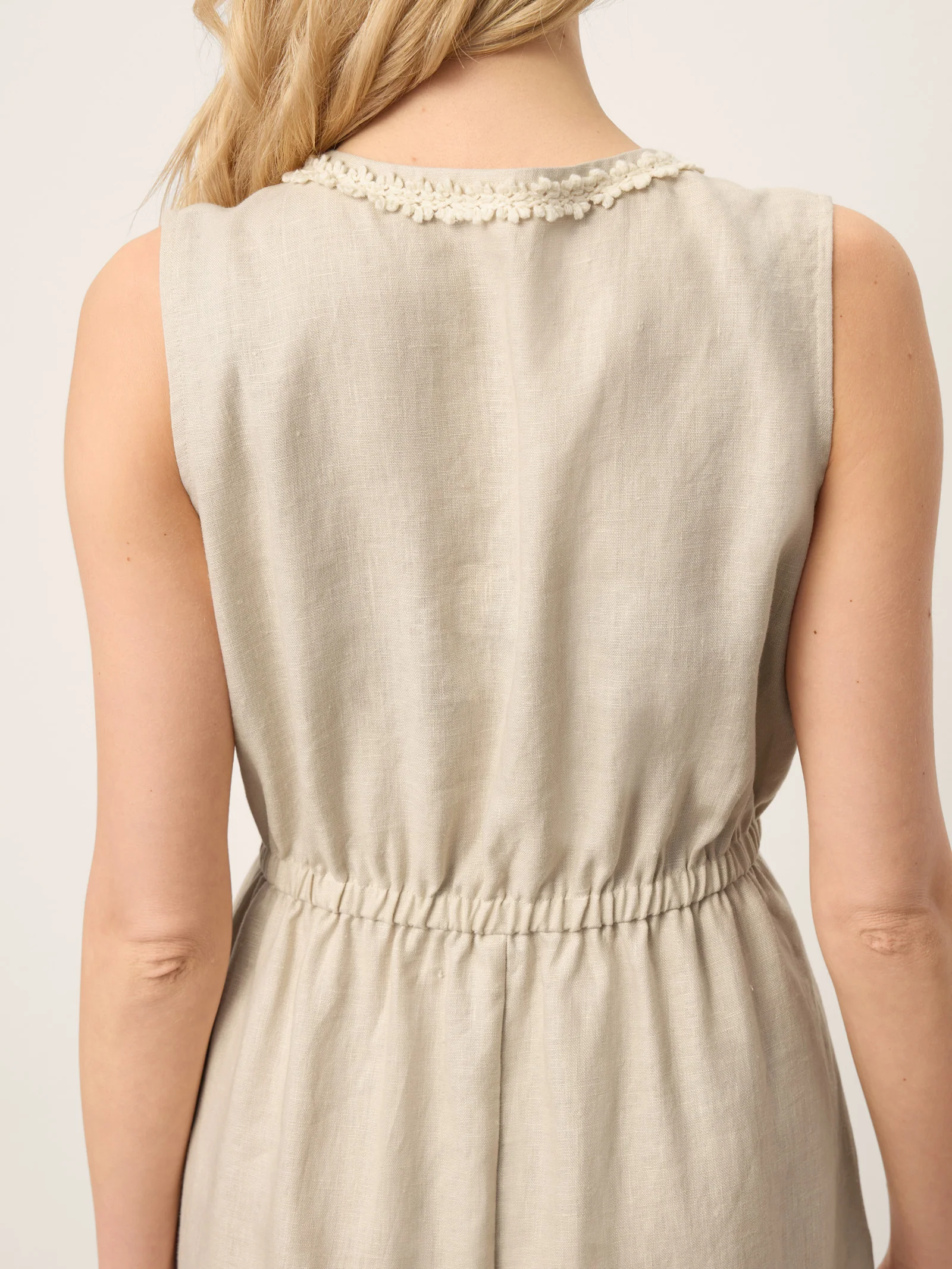 100% Linen Ruffle Trim Elasticated Waist Sleeveless Midi Dress LUCINDA - Image 8