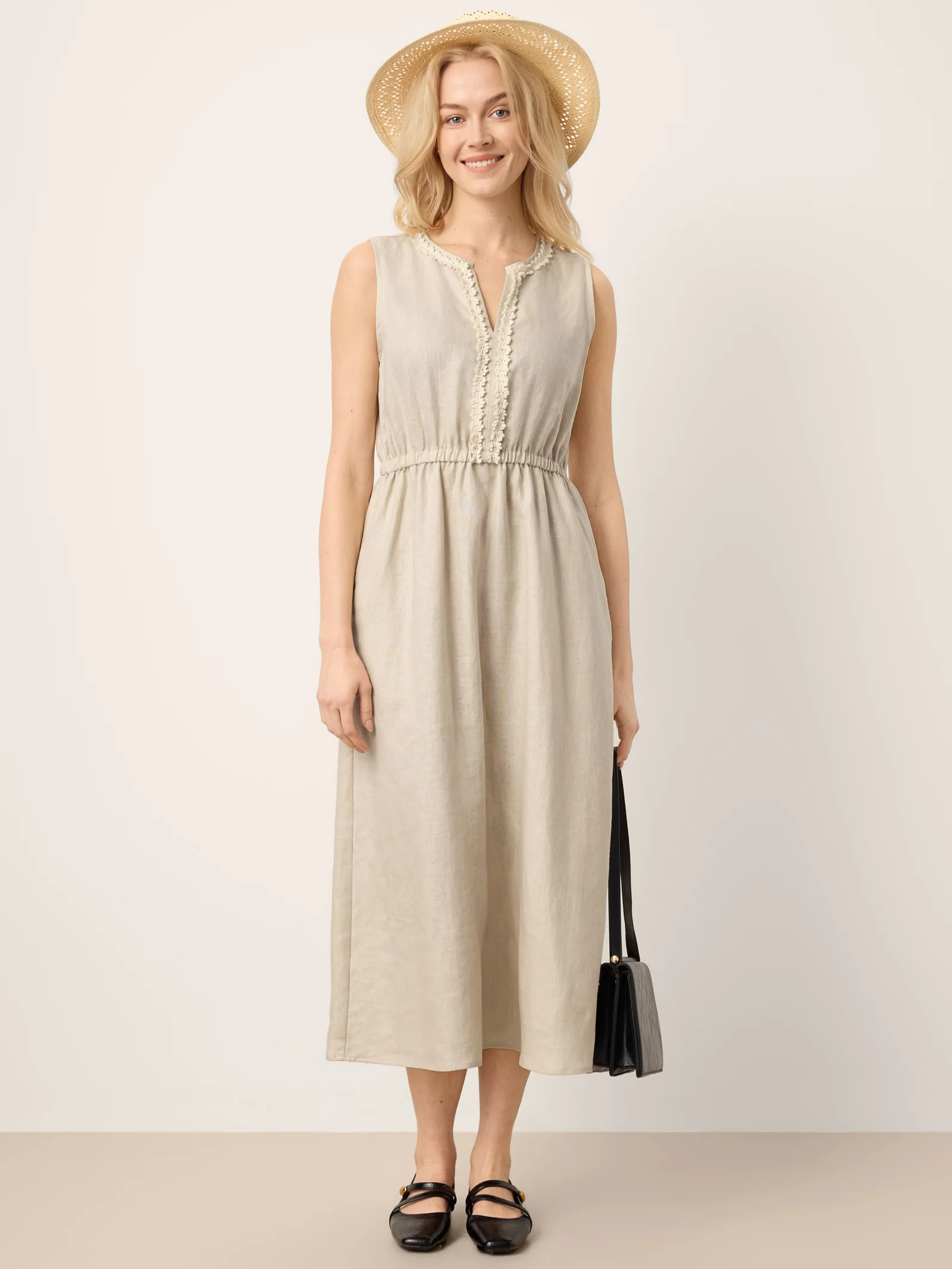 100% Linen Ruffle Trim Elasticated Waist Sleeveless Midi Dress LUCINDA - Image 9
