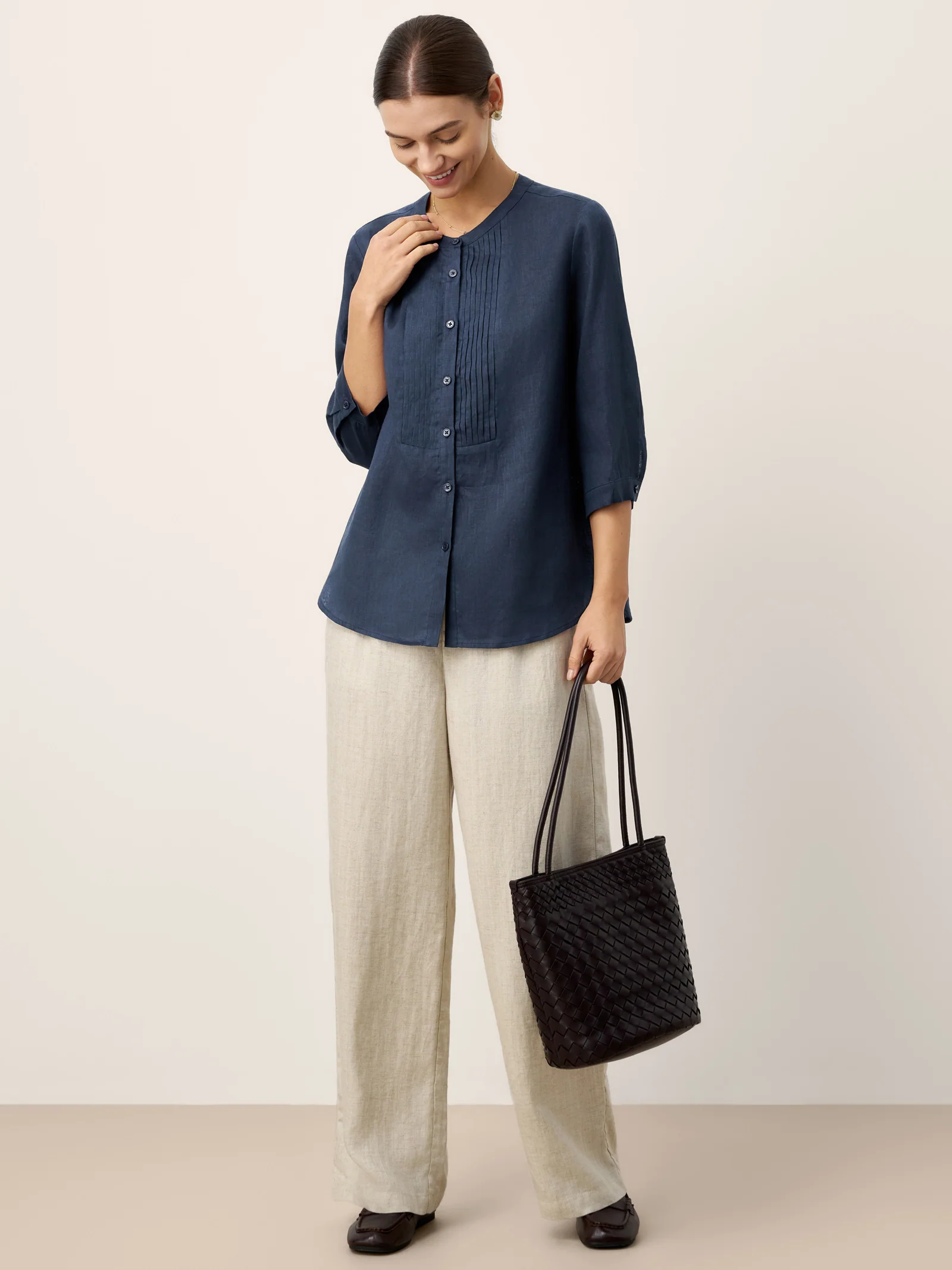 100% Linen Sculpted Accordion Pleat Crew Neck Shirt RANA - Image 10