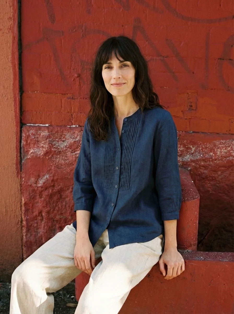 100% Linen Sculpted Accordion Pleat Crew Neck Shirt RANA - Image 3