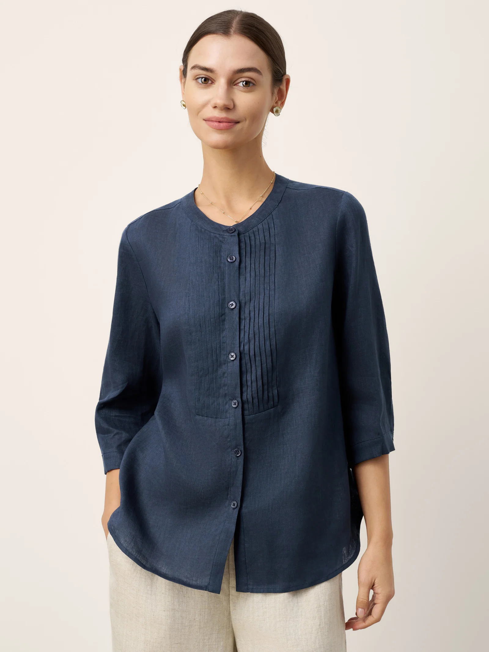 100% Linen Sculpted Accordion Pleat Crew Neck Shirt RANA - Image 4
