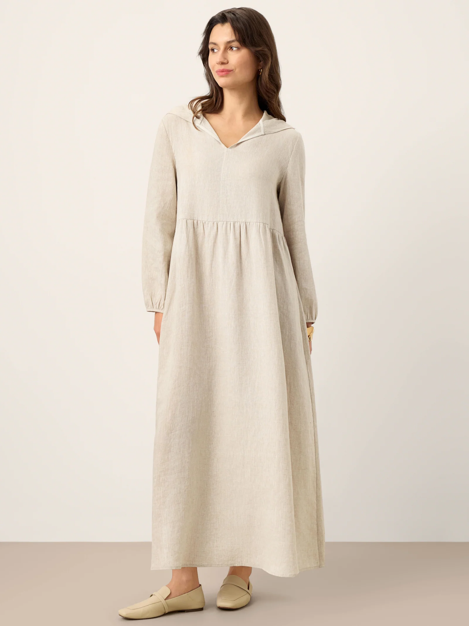 100% Linen Sculpted-Hood Caftan Maxi Dress LINETTE