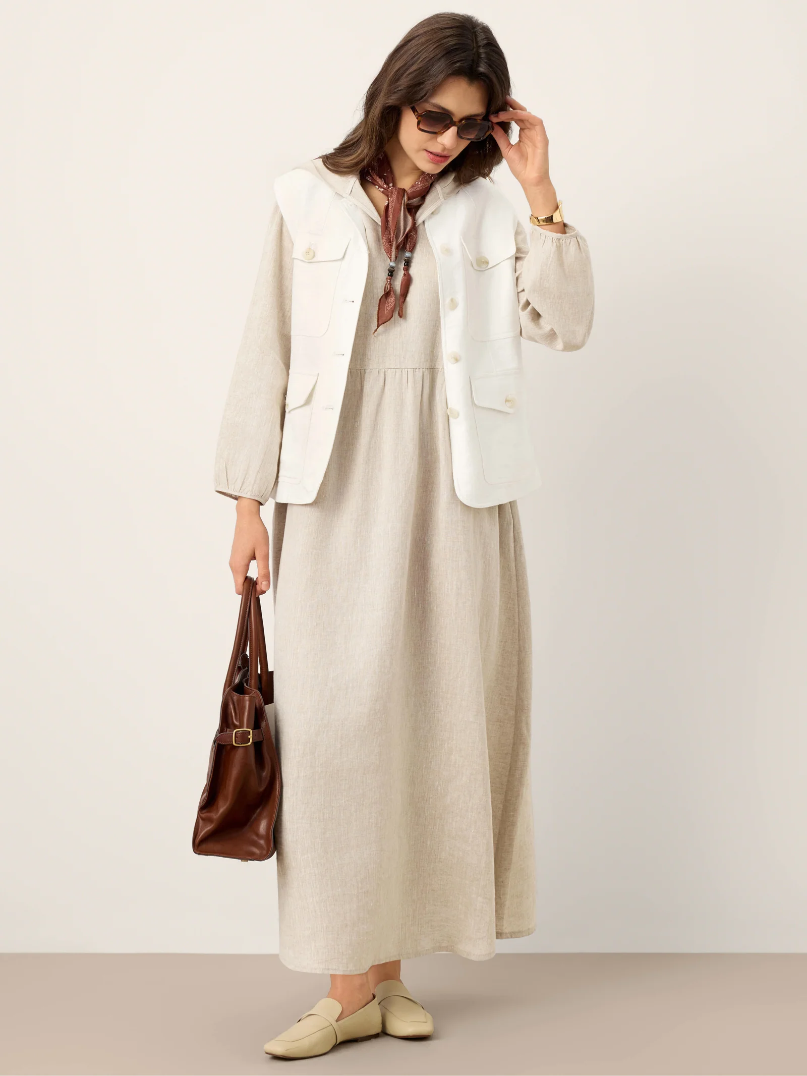 100% Linen Sculpted-Hood Caftan Maxi Dress LINETTE - Image 10