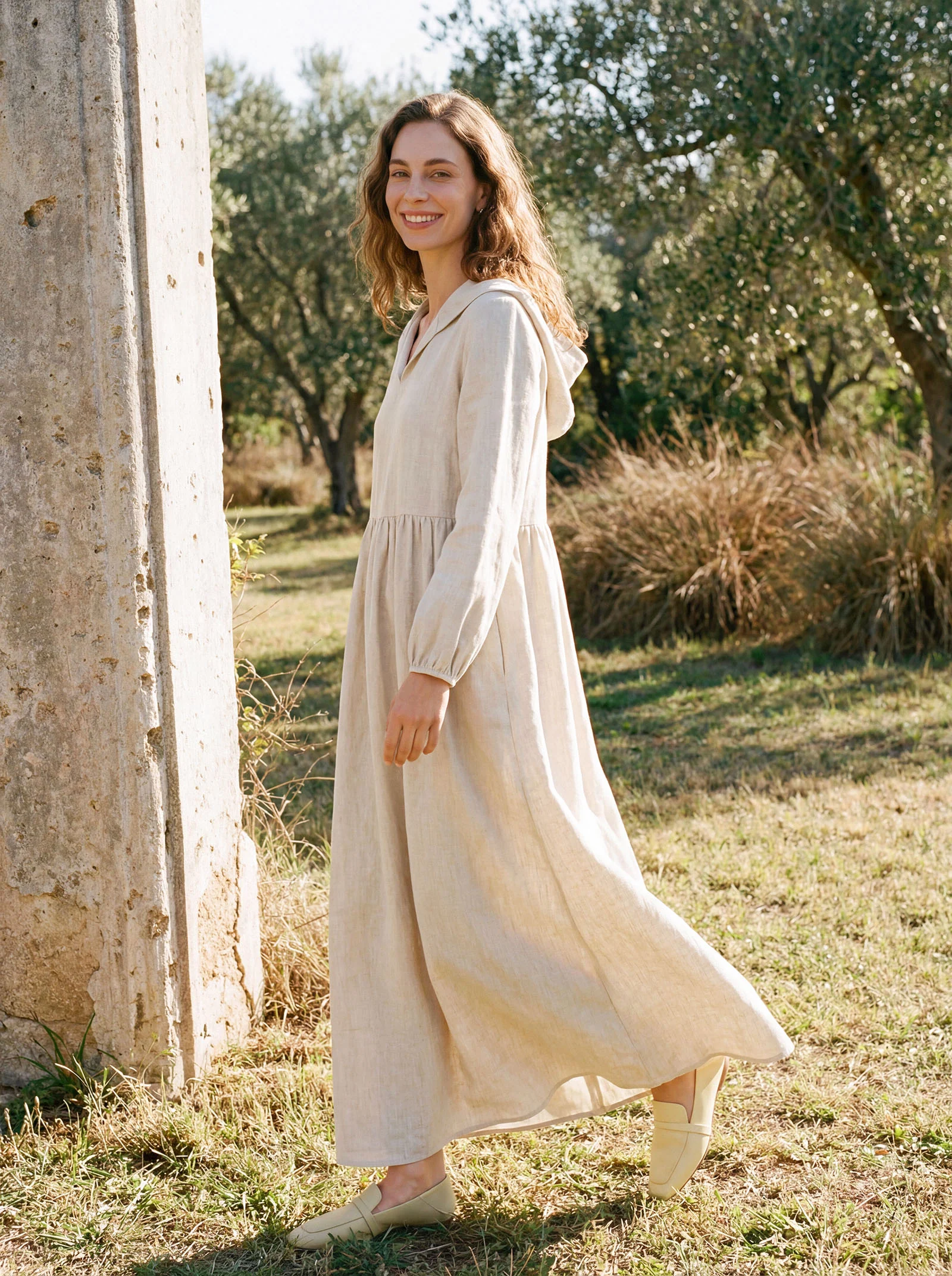 100% Linen Sculpted-Hood Caftan Maxi Dress LINETTE - Image 2