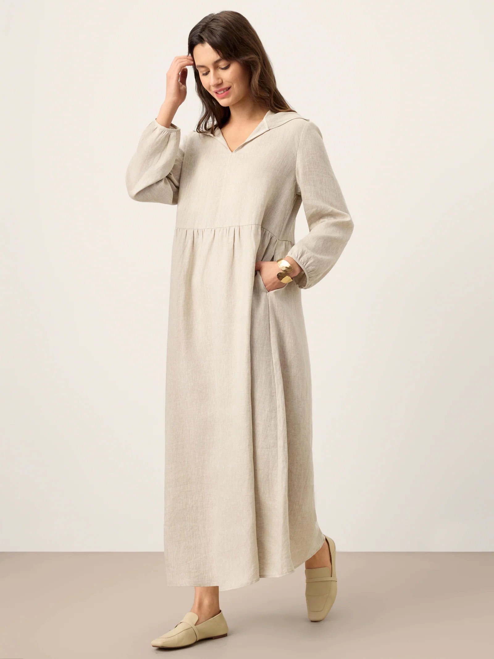 100% Linen Sculpted-Hood Caftan Maxi Dress LINETTE - Image 4