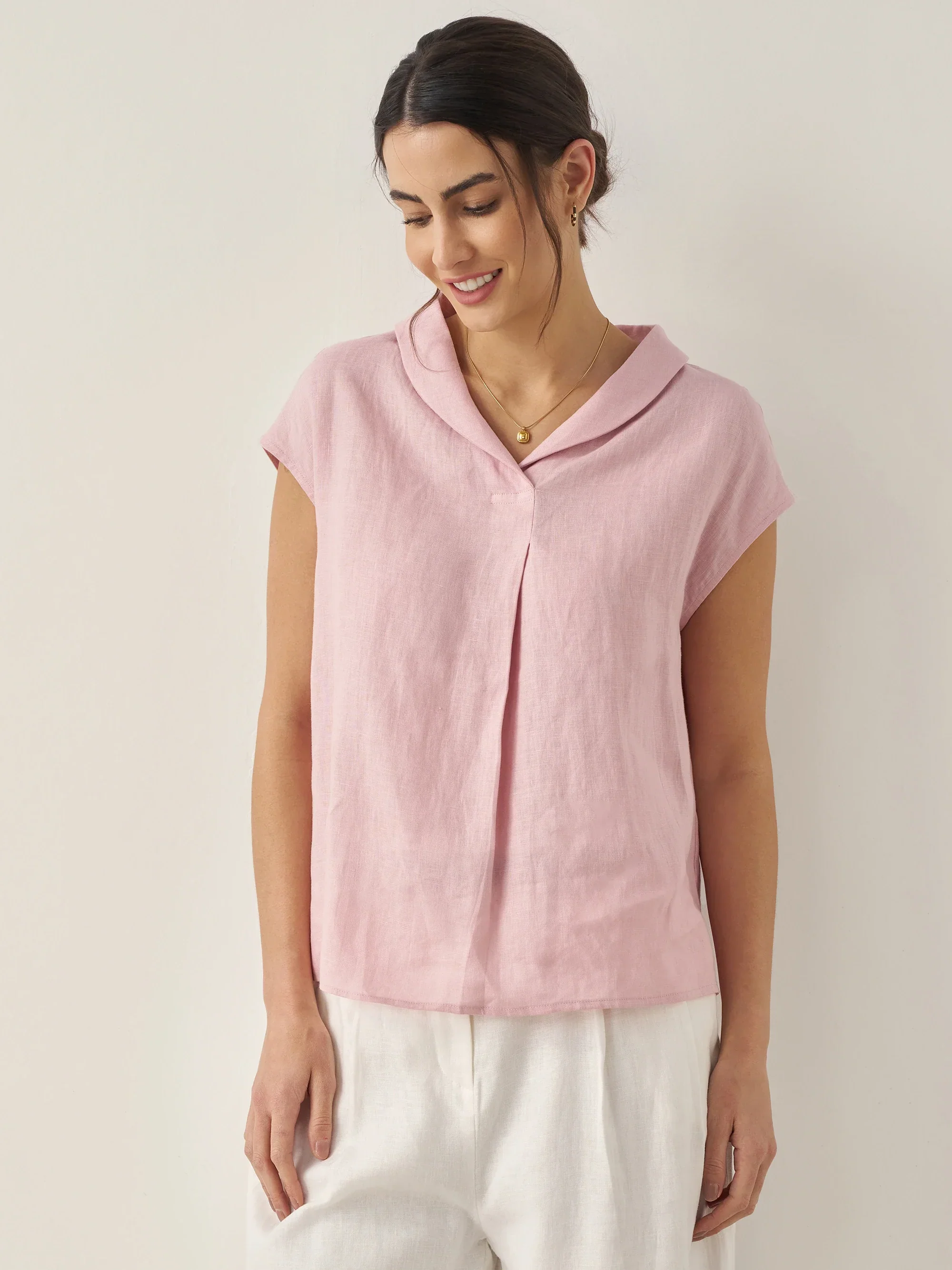 100% Linen Shawl V-Neck Cap Sleeves Top ELARA