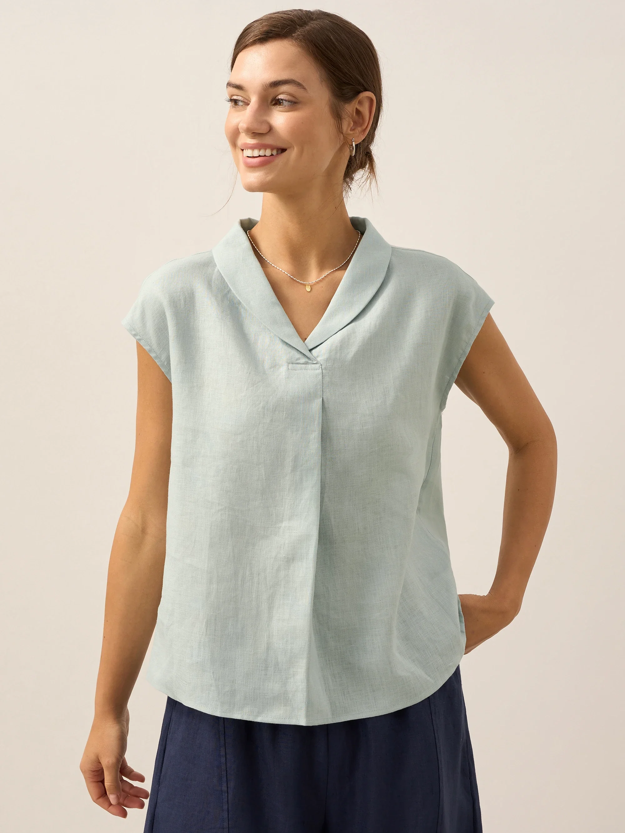 100% Linen Shawl V-Neck Cap Sleeves Top ELARA - Image 13