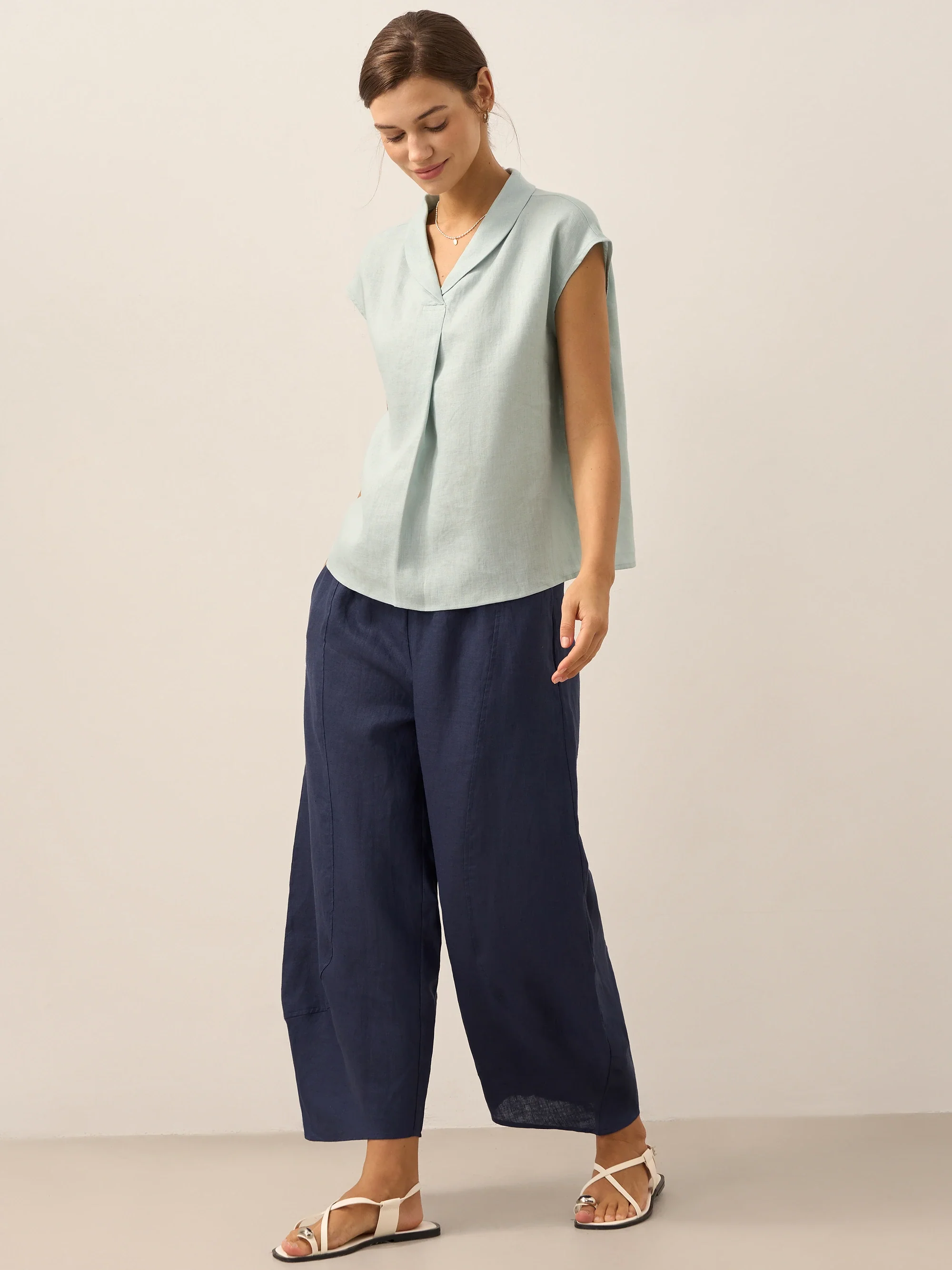 100% Linen Shawl V-Neck Cap Sleeves Top ELARA - Image 14