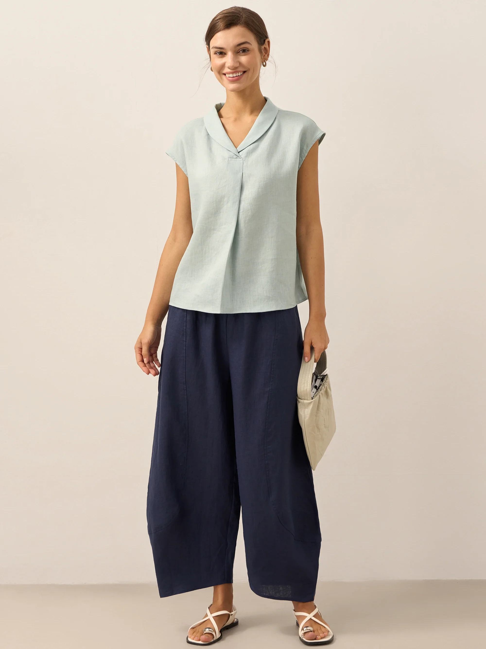 100% Linen Shawl V-Neck Cap Sleeves Top ELARA - Image 15