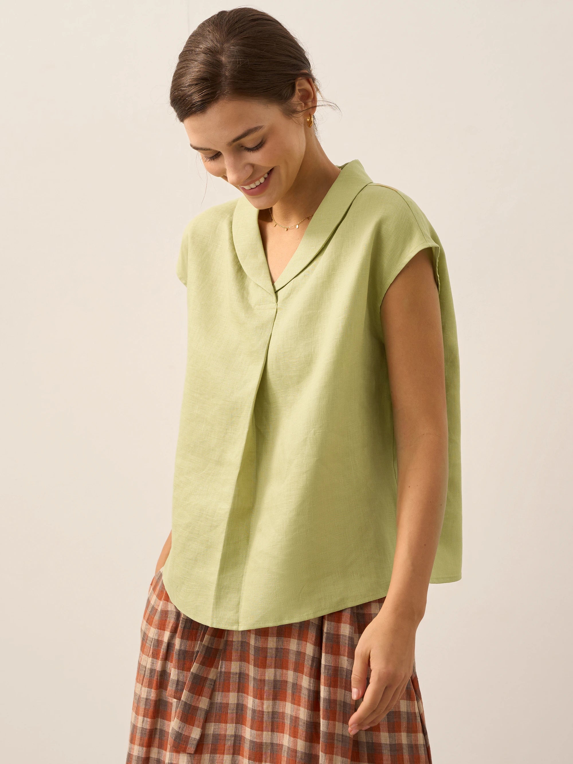 100% Linen Shawl V-Neck Cap Sleeves Top ELARA - Image 19