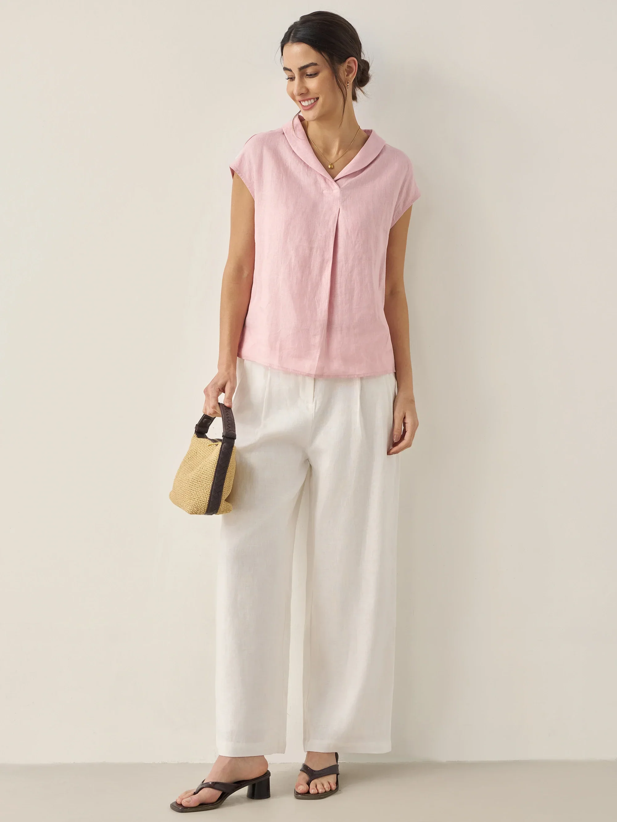 100% Linen Shawl V-Neck Cap Sleeves Top ELARA - Image 2