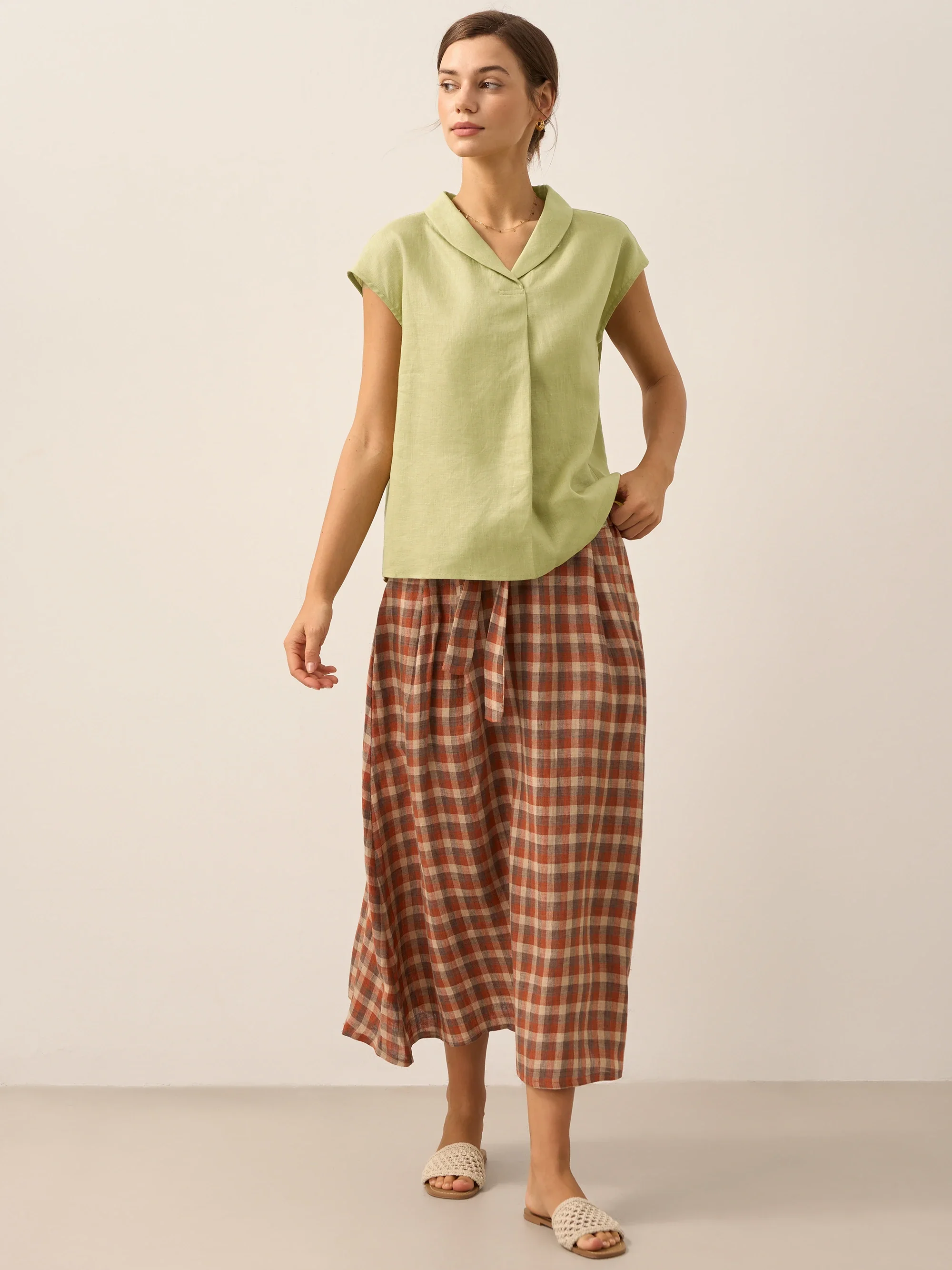 100% Linen Shawl V-Neck Cap Sleeves Top ELARA - Image 21