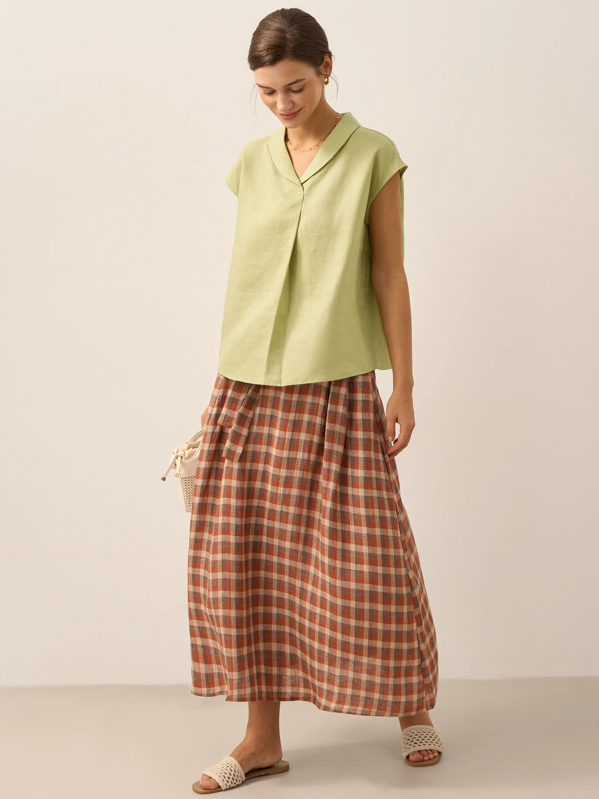 100% Linen Shawl V-Neck Cap Sleeves Top ELARA - Image 22