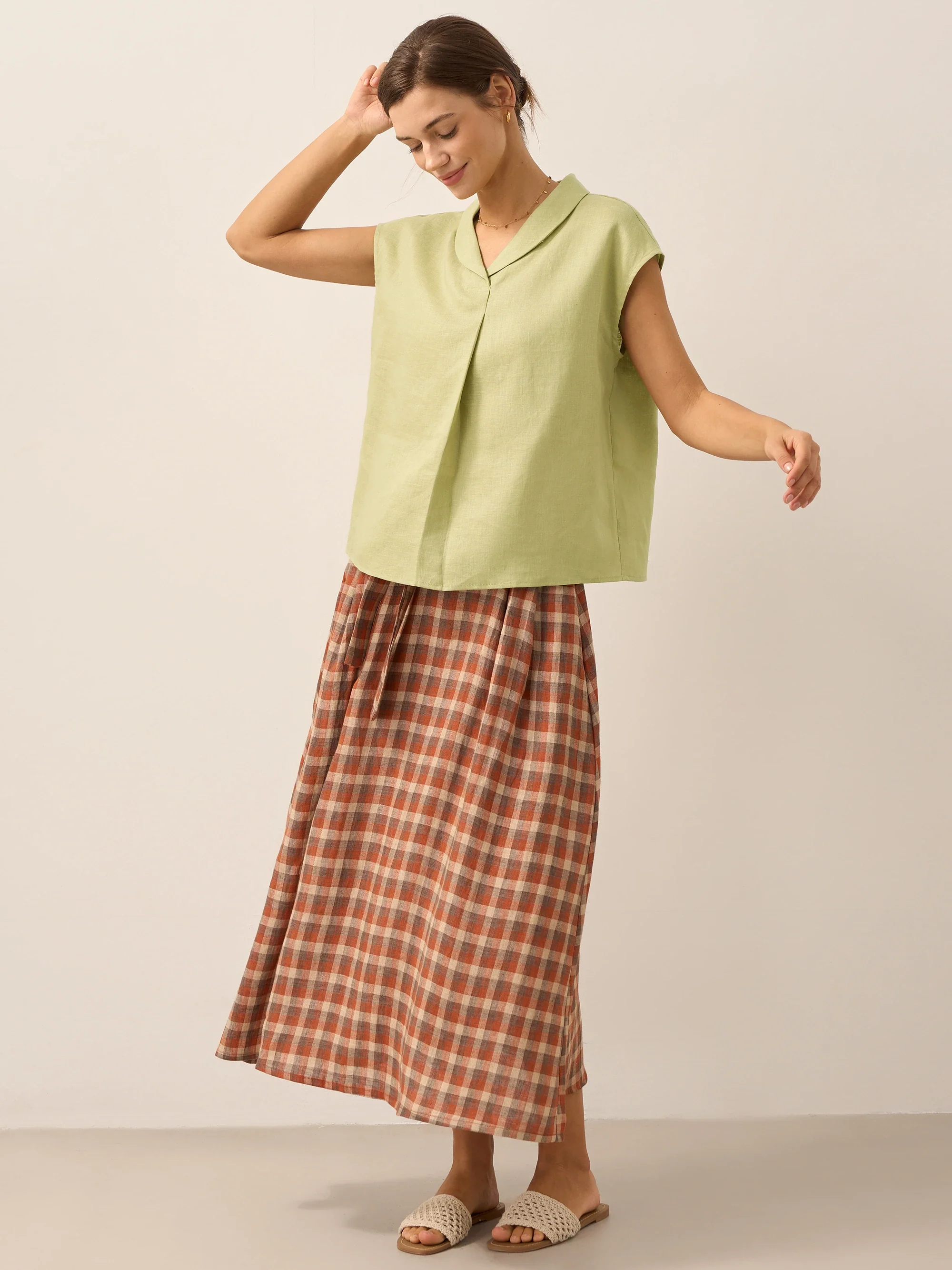 100% Linen Shawl V-Neck Cap Sleeves Top ELARA - Image 23