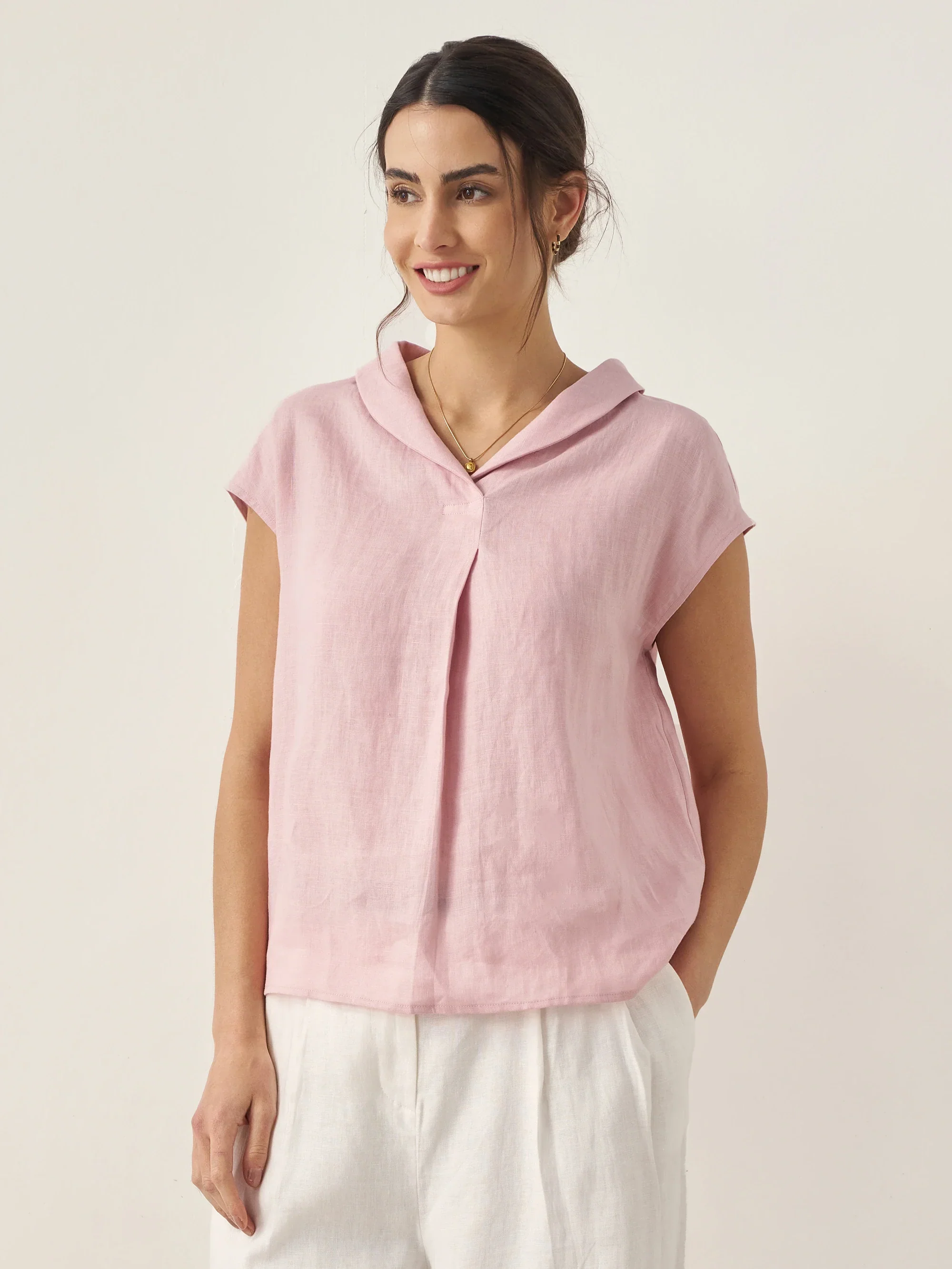 100% Linen Shawl V-Neck Cap Sleeves Top ELARA - Image 3