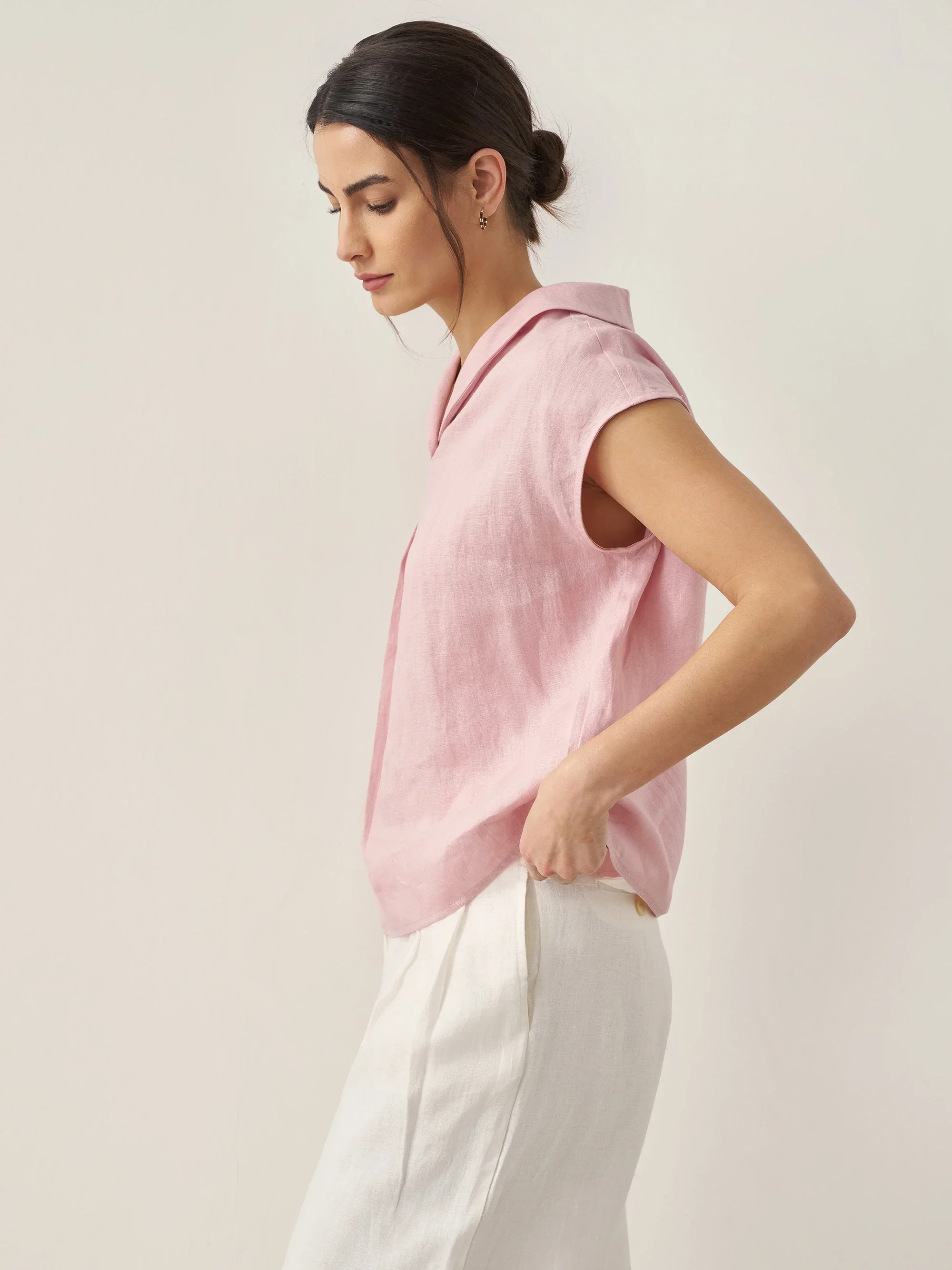 100% Linen Shawl V-Neck Cap Sleeves Top ELARA - Image 4