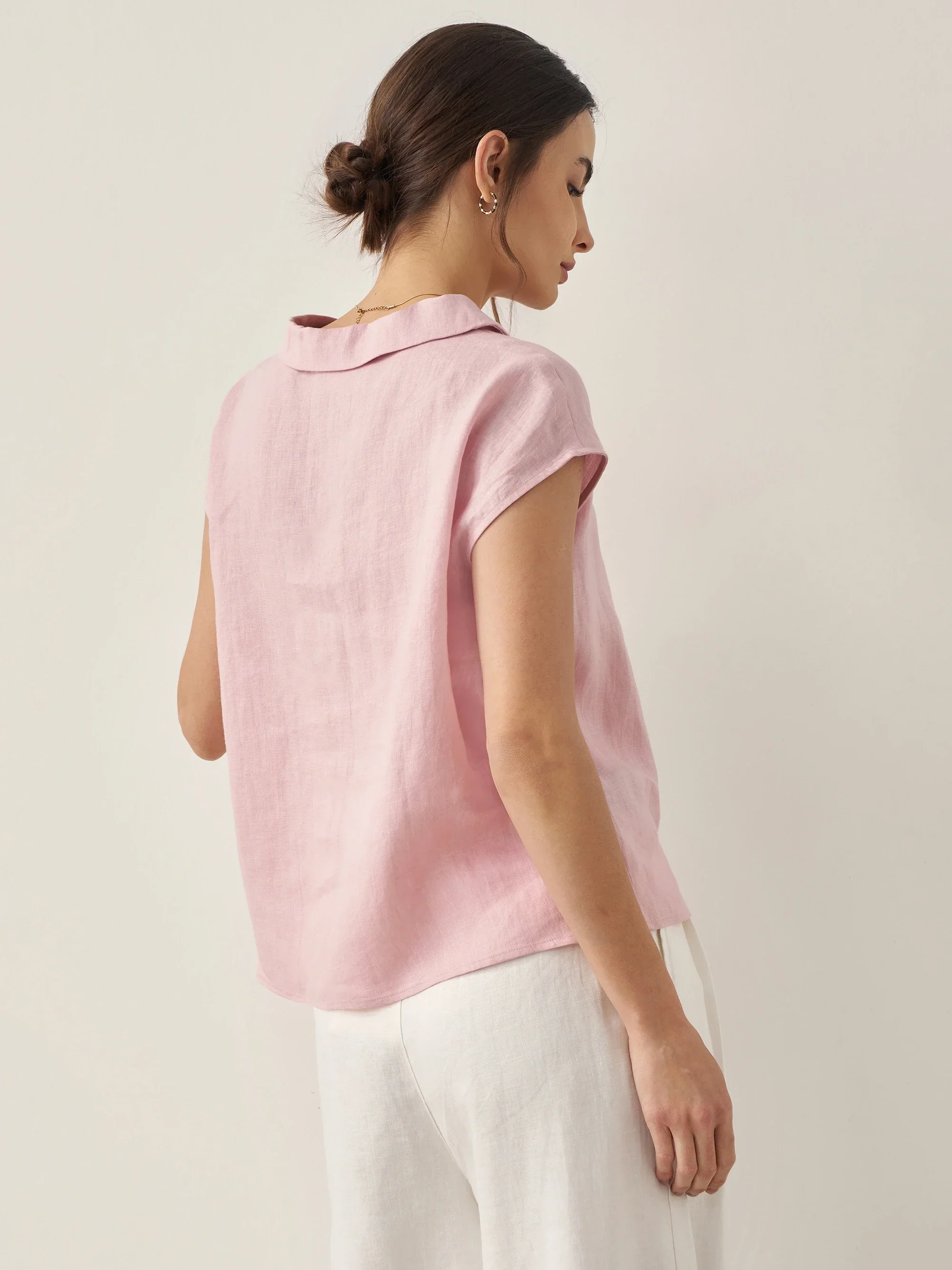 100% Linen Shawl V-Neck Cap Sleeves Top ELARA - Image 5