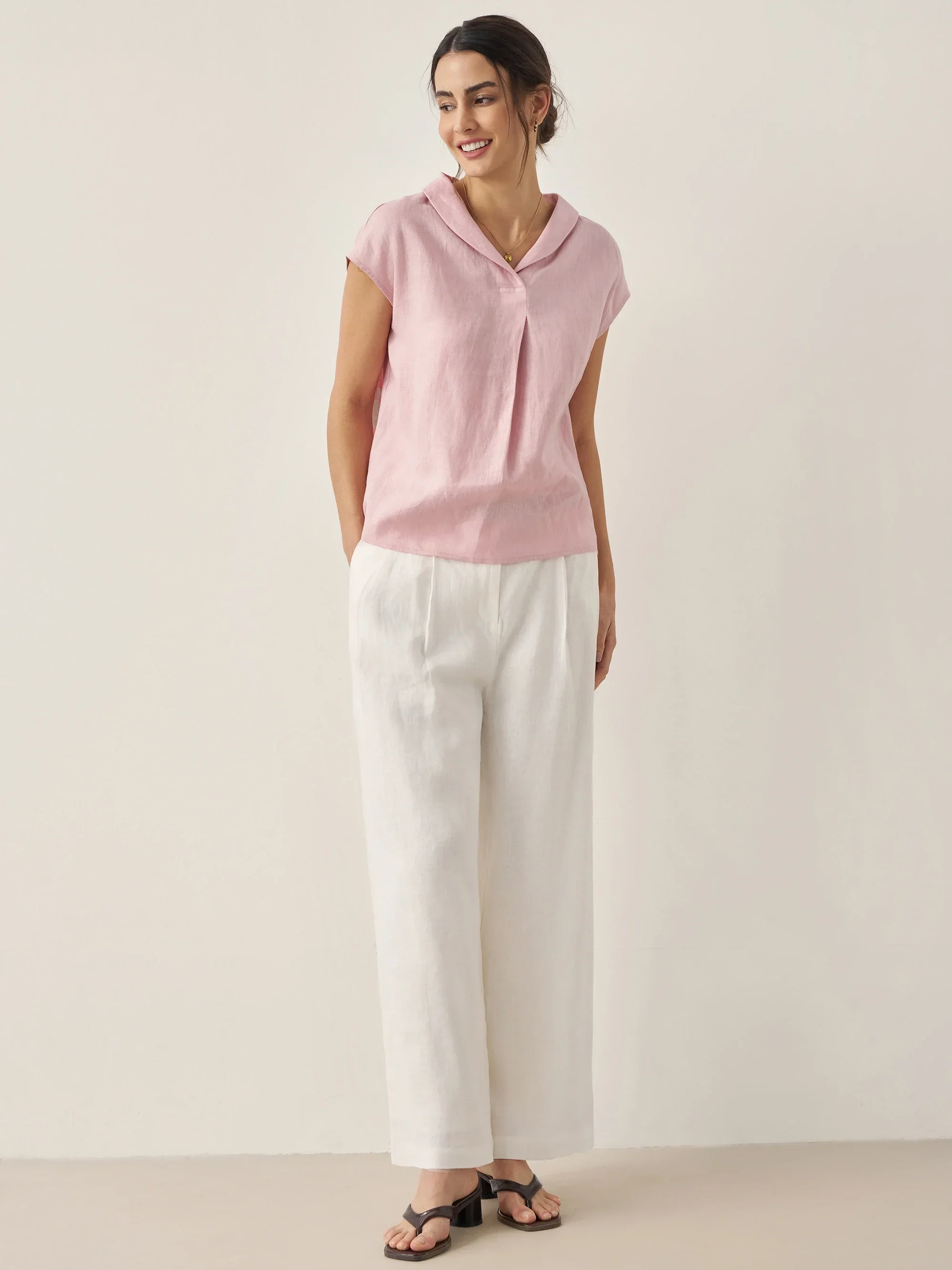 100% Linen Shawl V-Neck Cap Sleeves Top ELARA - Image 6