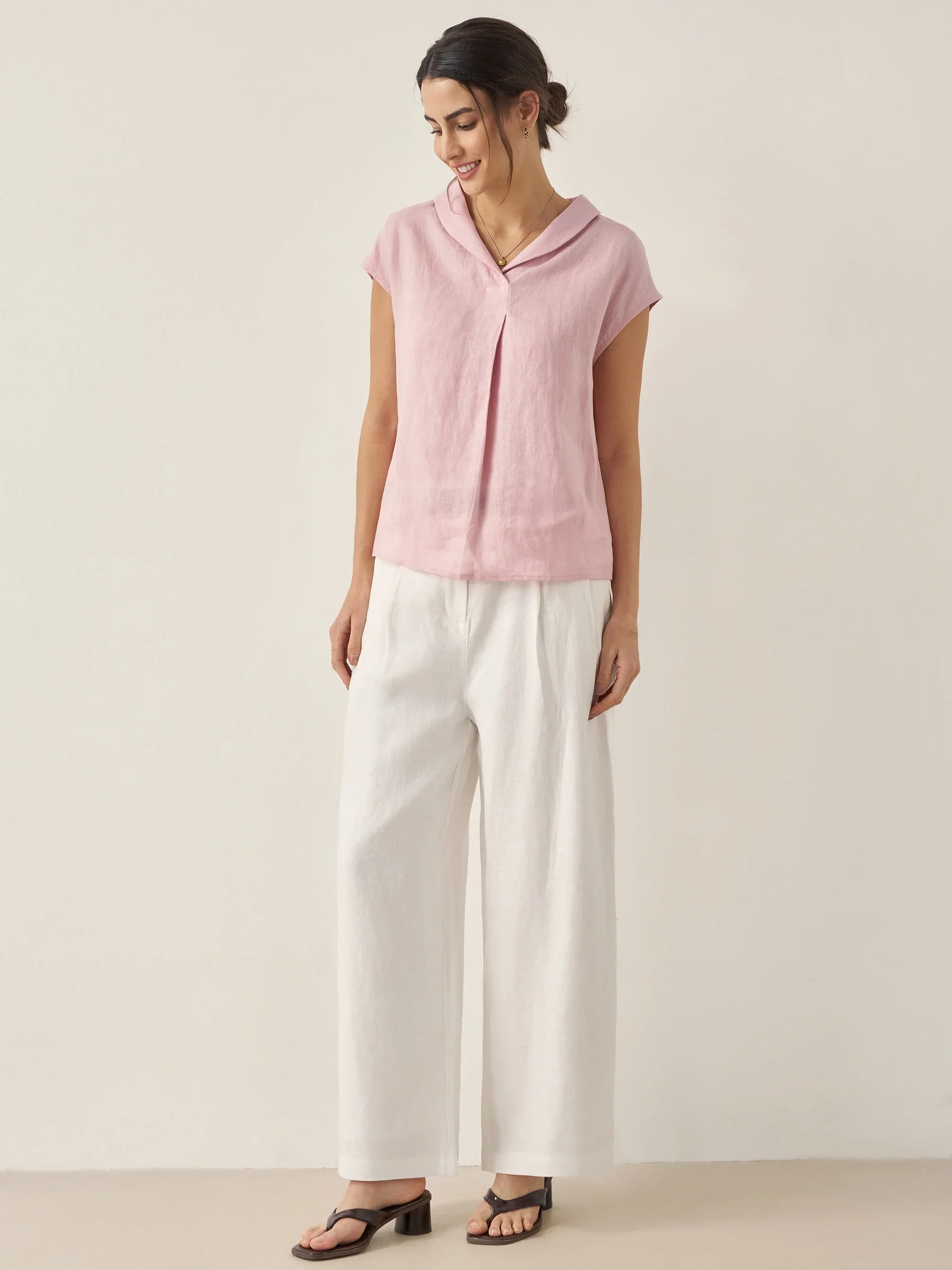 100% Linen Shawl V-Neck Cap Sleeves Top ELARA - Image 7