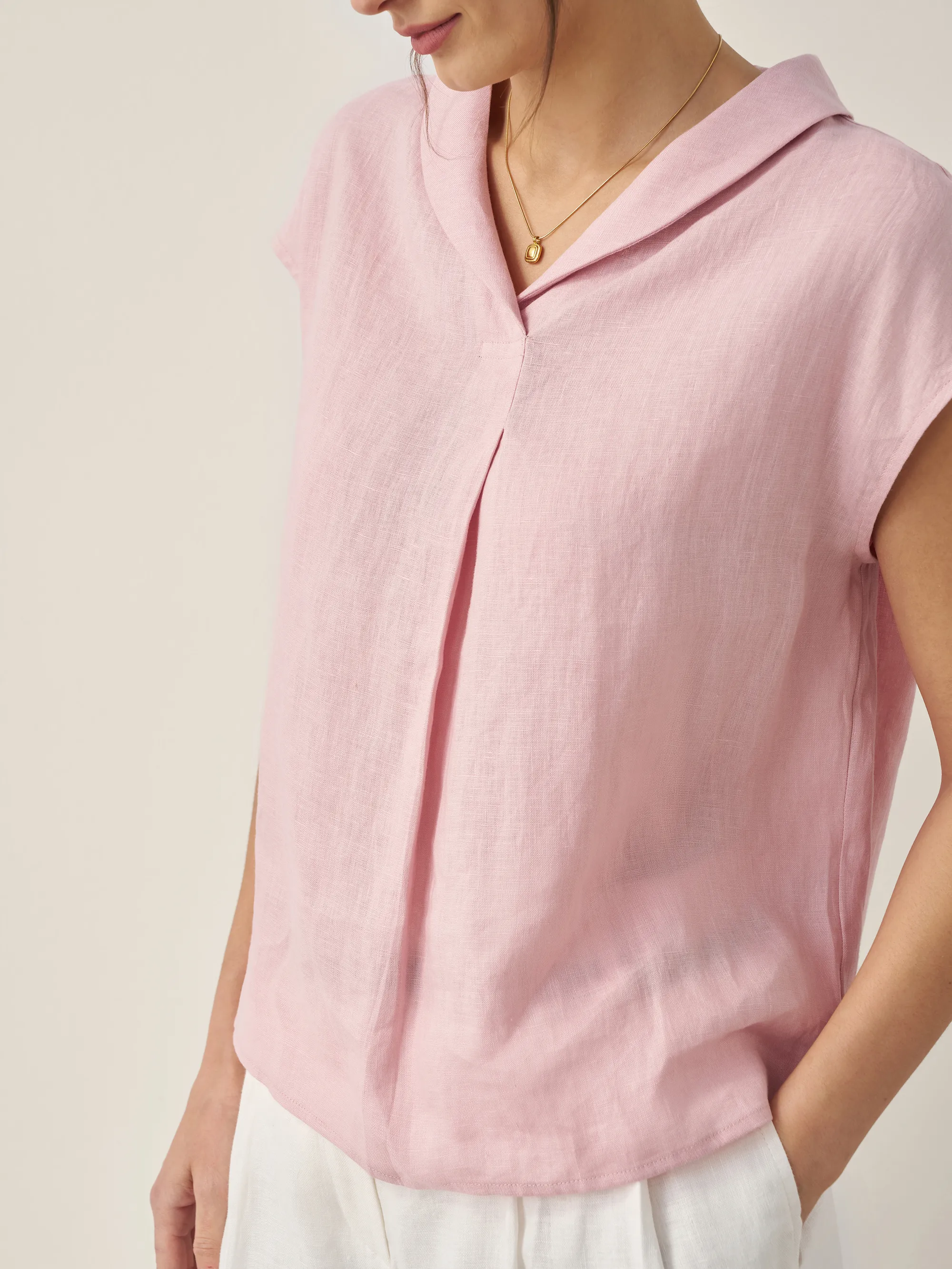 100% Linen Shawl V-Neck Cap Sleeves Top ELARA - Image 8
