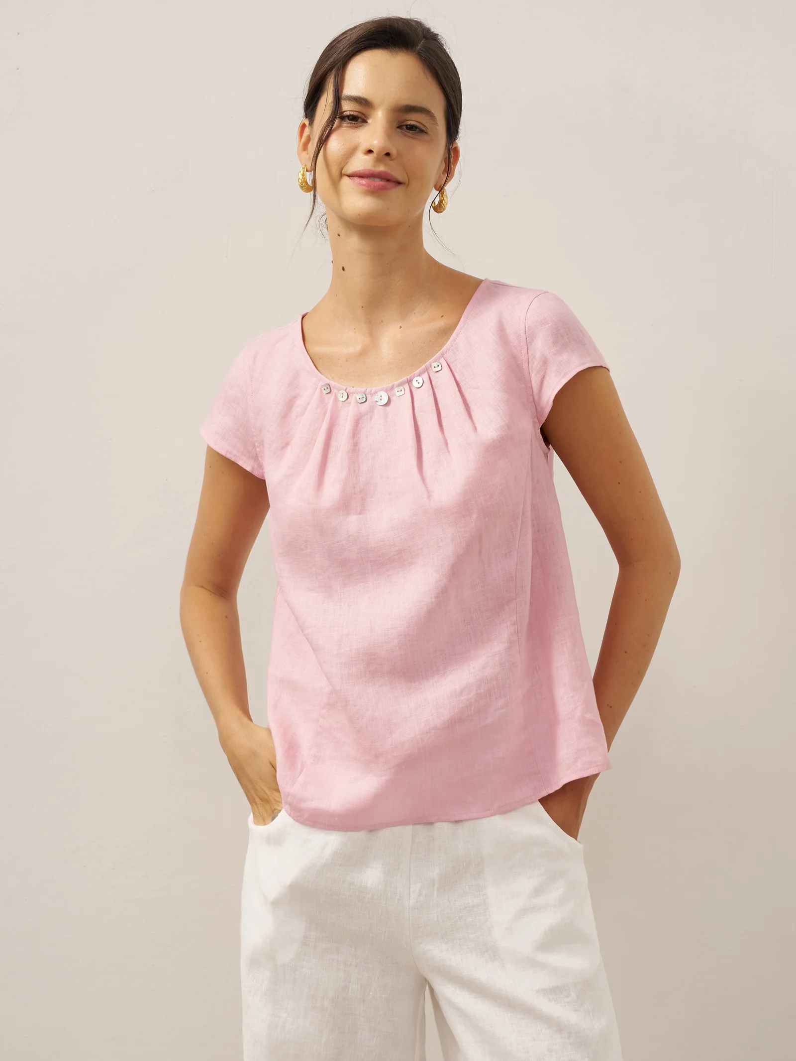 100% Linen Shell Button Pleated Crew Neck Top RENA