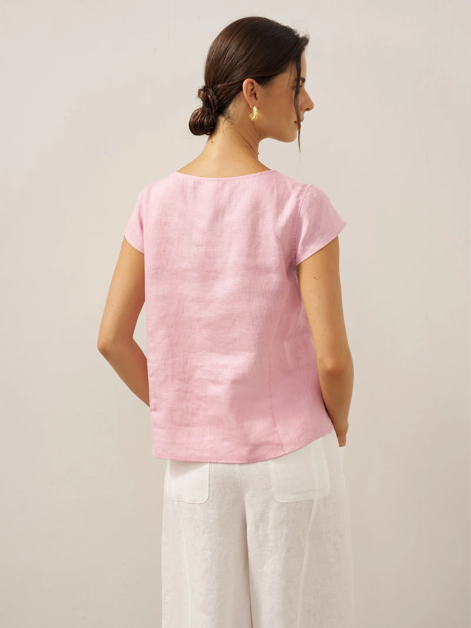 100% Linen Shell Button Pleated Crew Neck Top RENA - Image 2