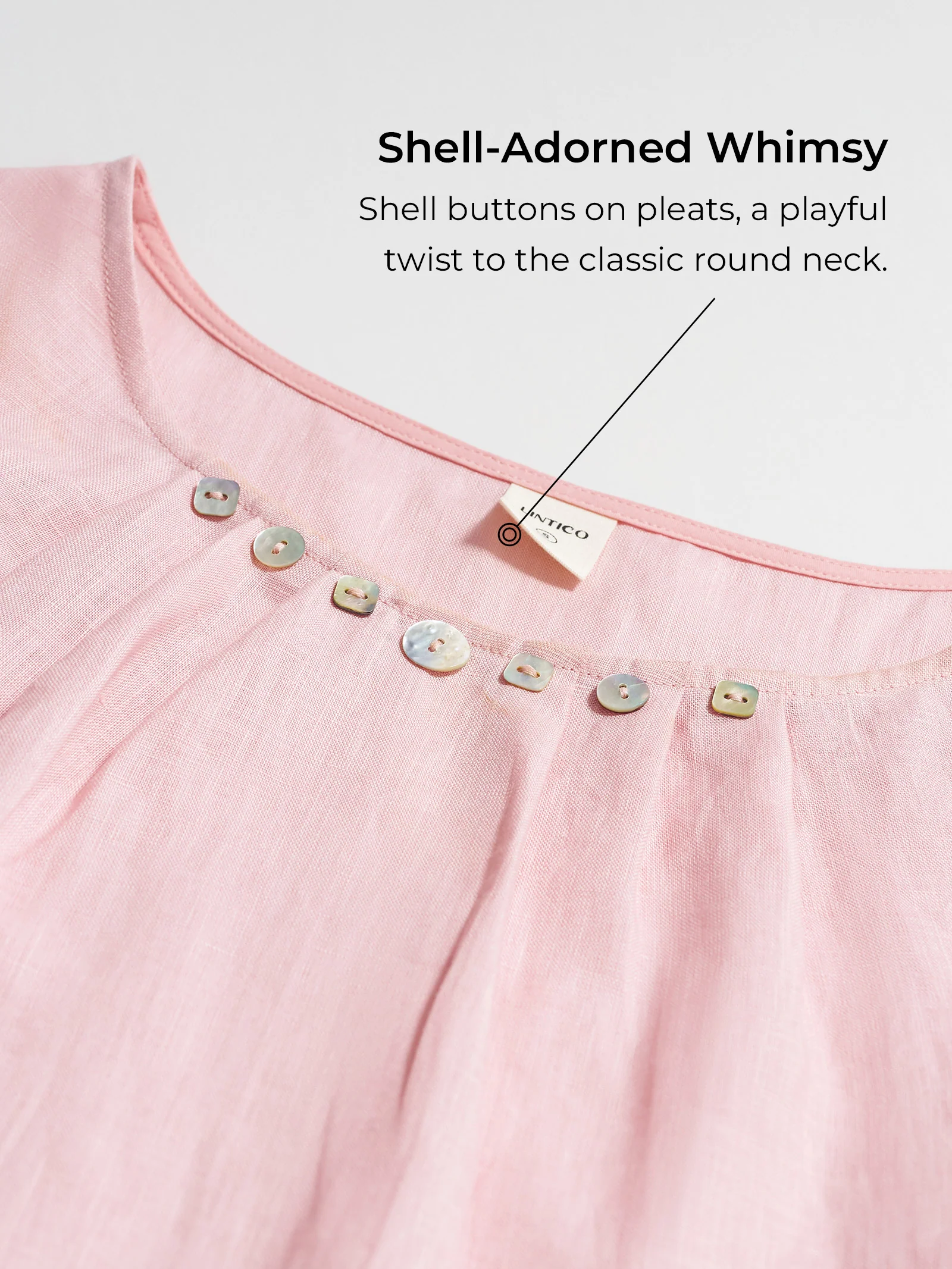 100% Linen Shell Button Pleated Crew Neck Top RENA - Image 4