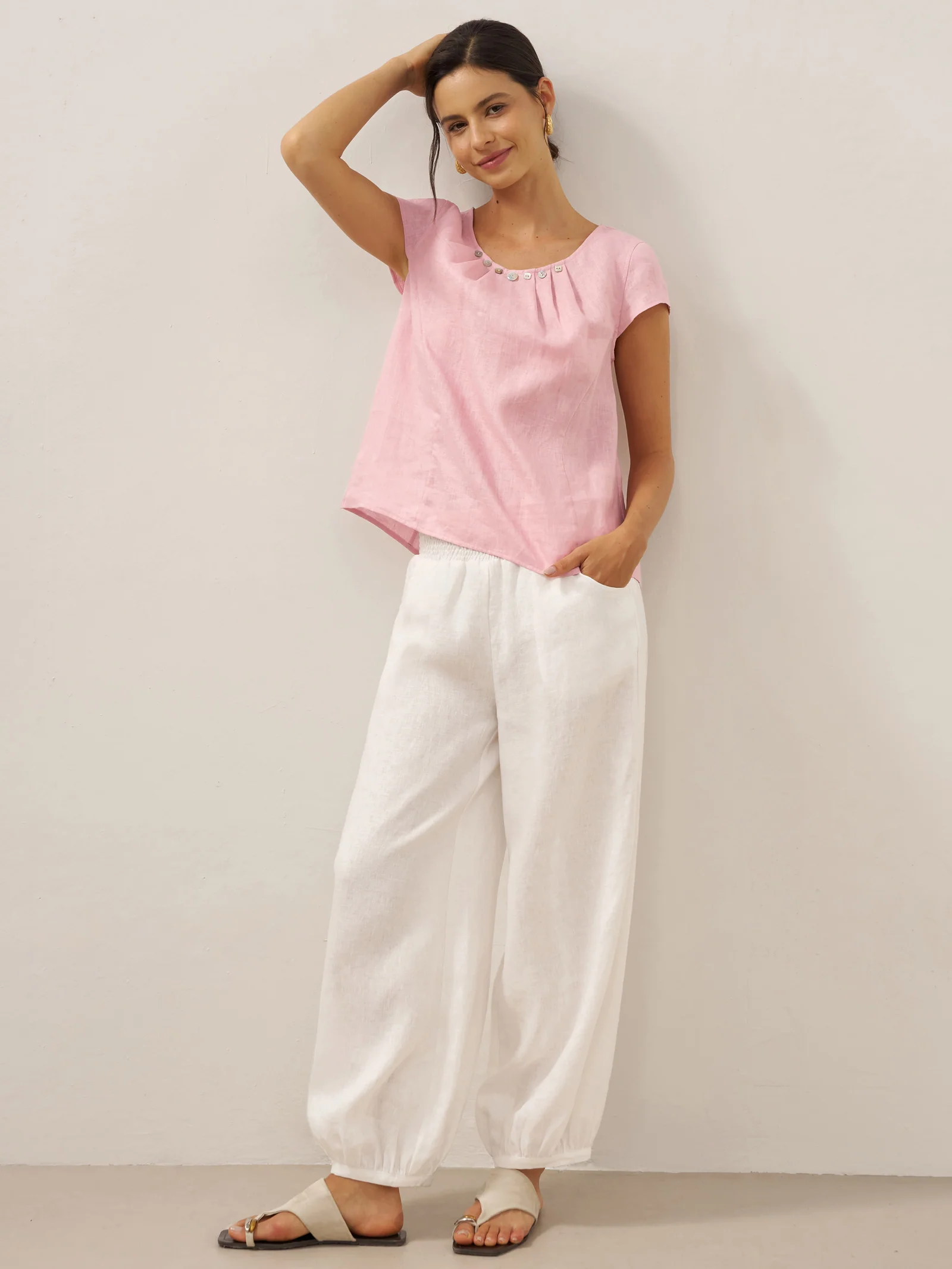 100% Linen Shell Button Pleated Crew Neck Top RENA - Image 8