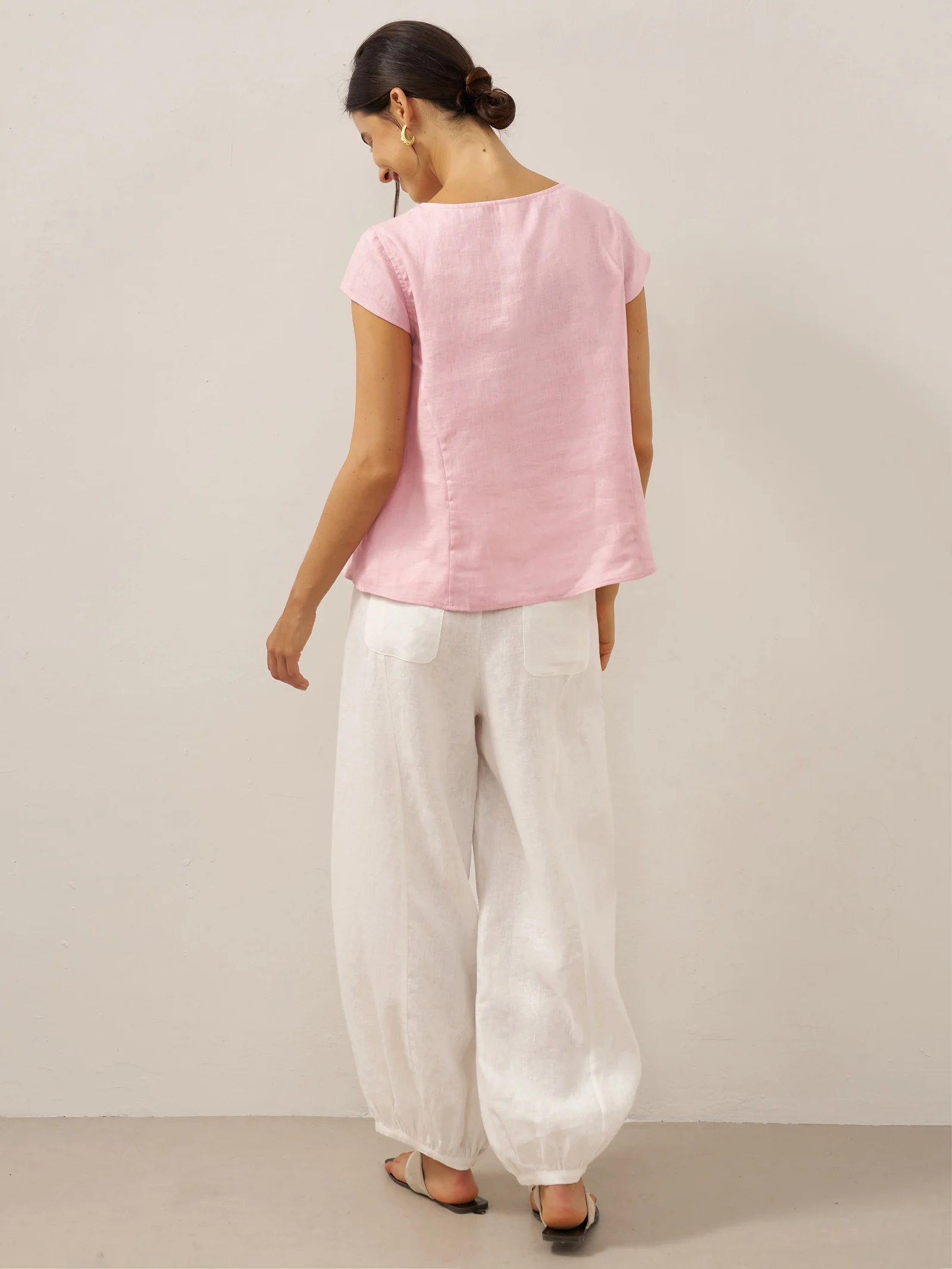 100% Linen Shell Button Pleated Crew Neck Top RENA - Image 9