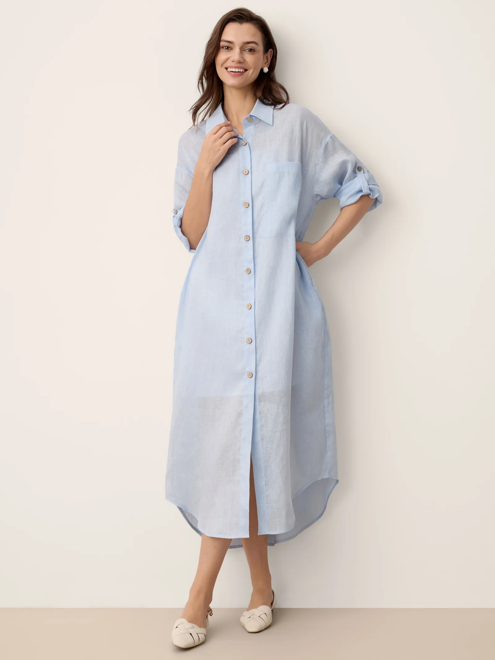100% Linen Shirt-Collar Folded-Cuff Cocoon Maxi Shirt Dress MIREN