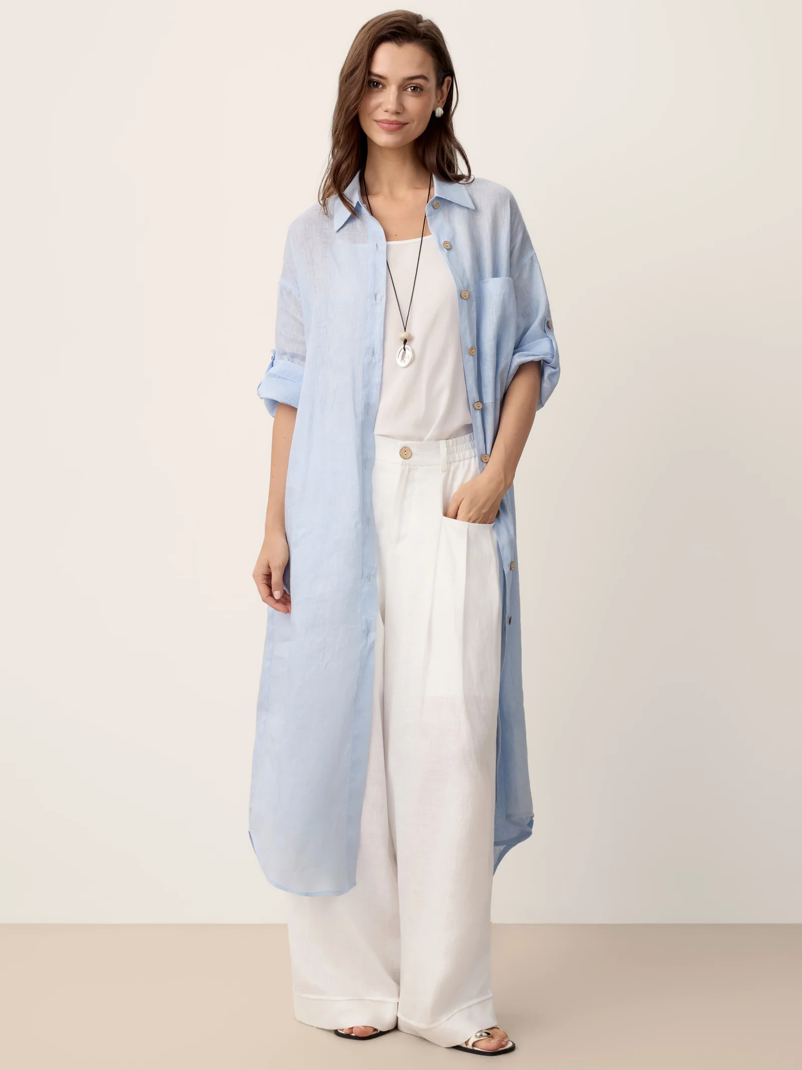 100% Linen Shirt-Collar Folded-Cuff Cocoon Maxi Shirt Dress MIREN - Image 10