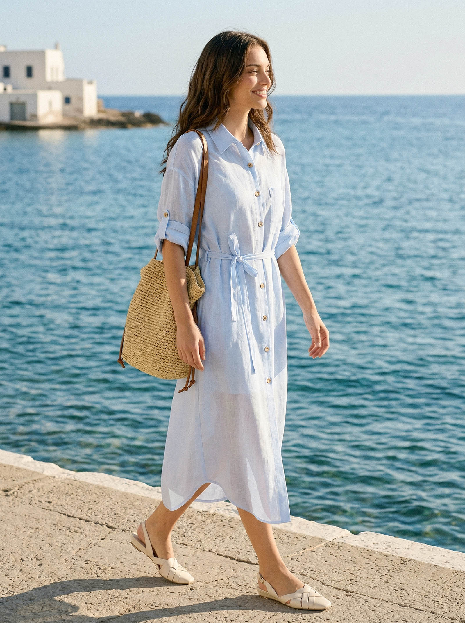 100% Linen Shirt-Collar Folded-Cuff Cocoon Maxi Shirt Dress MIREN - Image 3