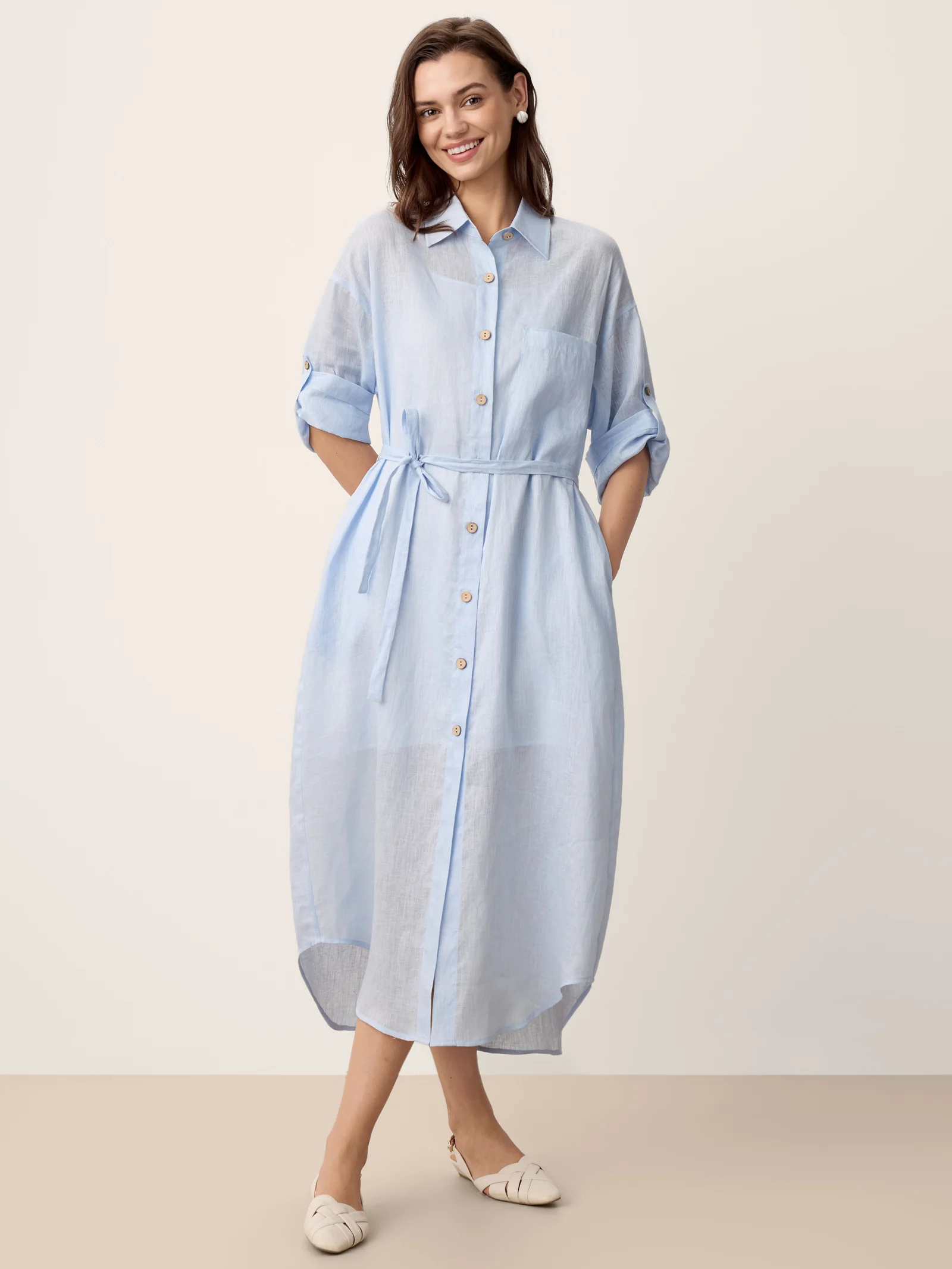 100% Linen Shirt-Collar Folded-Cuff Cocoon Maxi Shirt Dress MIREN - Image 8