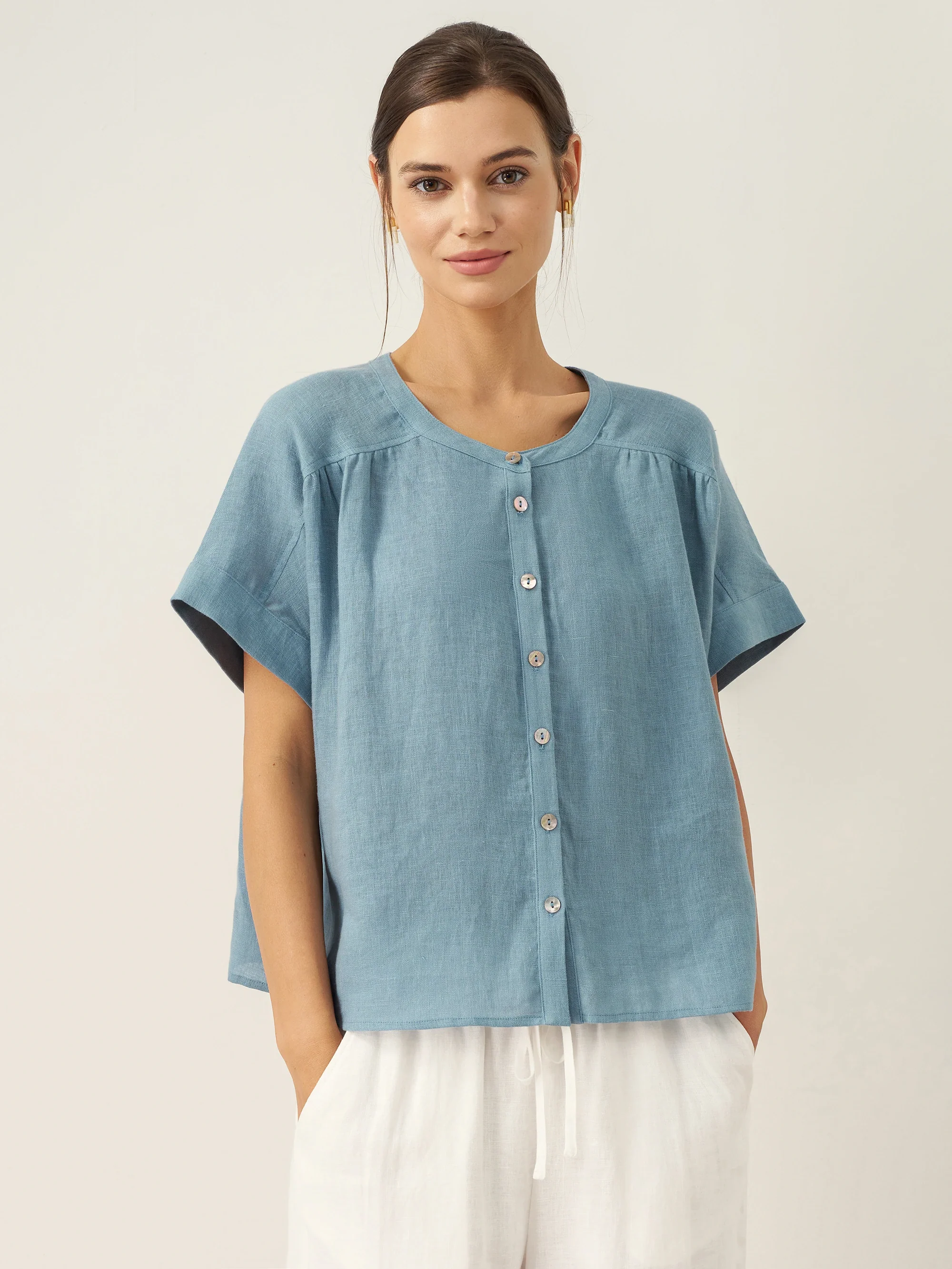 100% Linen Short Sleeve Crew Neck Shirt FINA