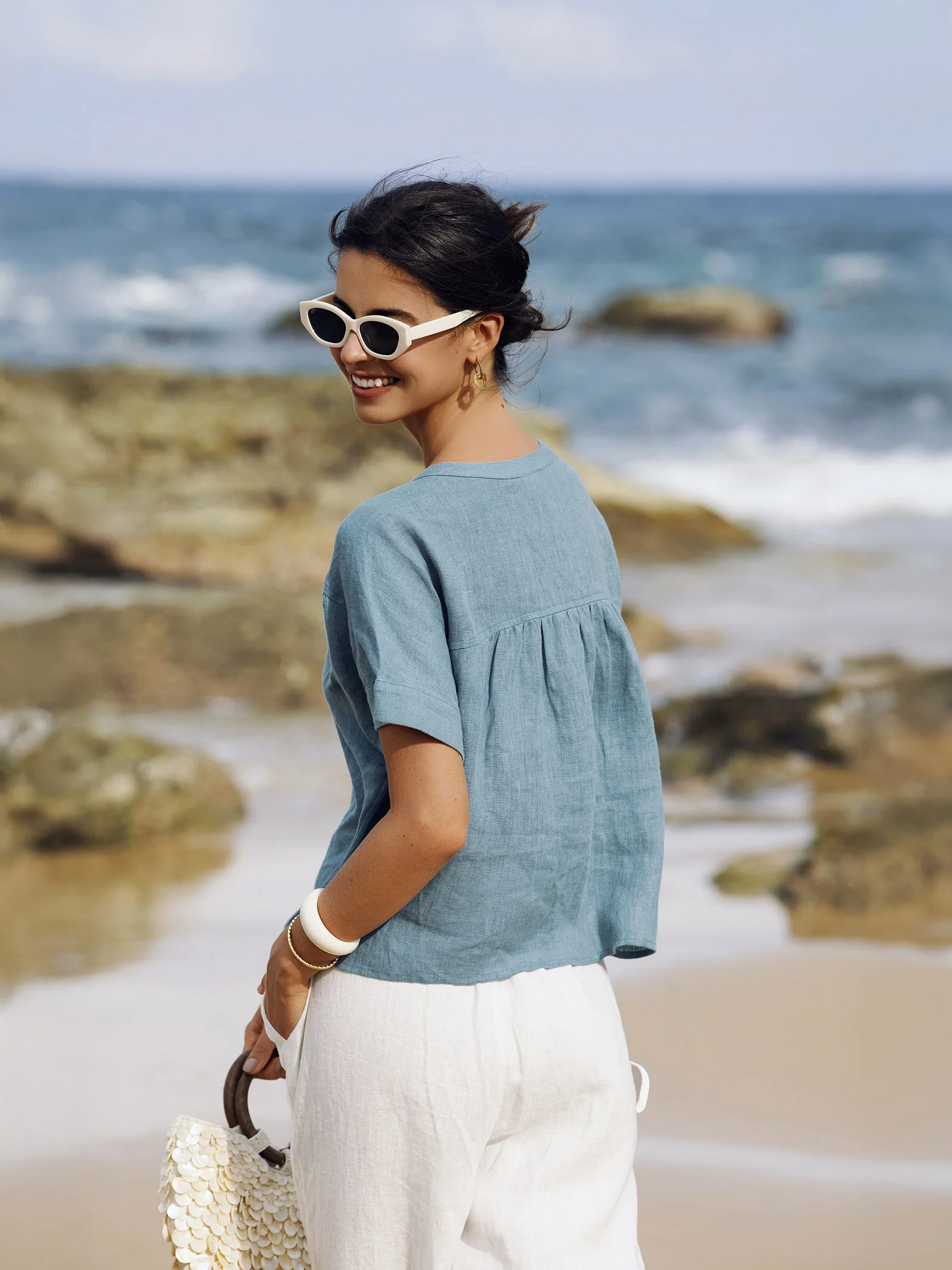 100% Linen Short Sleeve Crew Neck Shirt FINA - Image 3