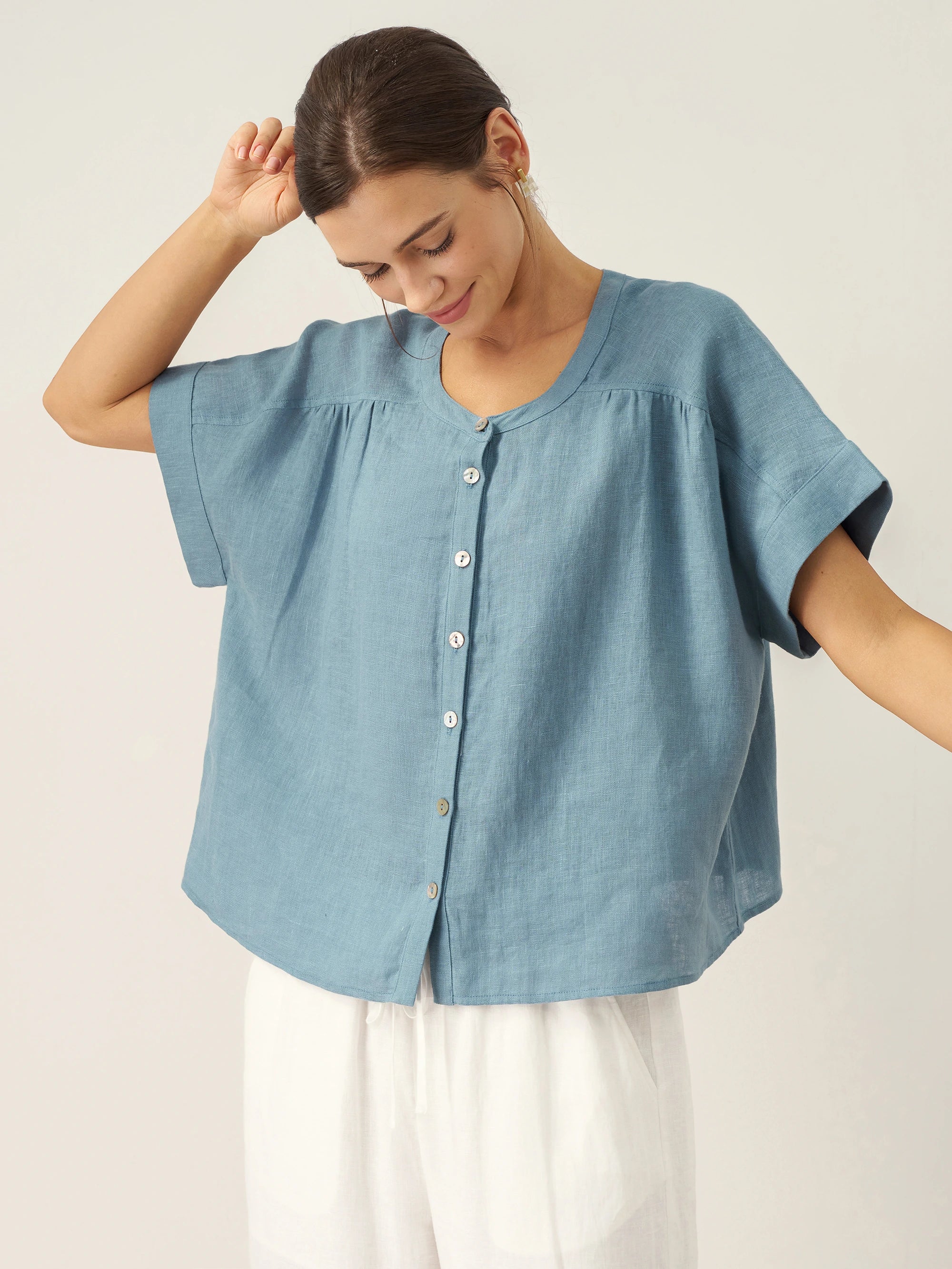 100% Linen Short Sleeve Crew Neck Shirt FINA - Image 4