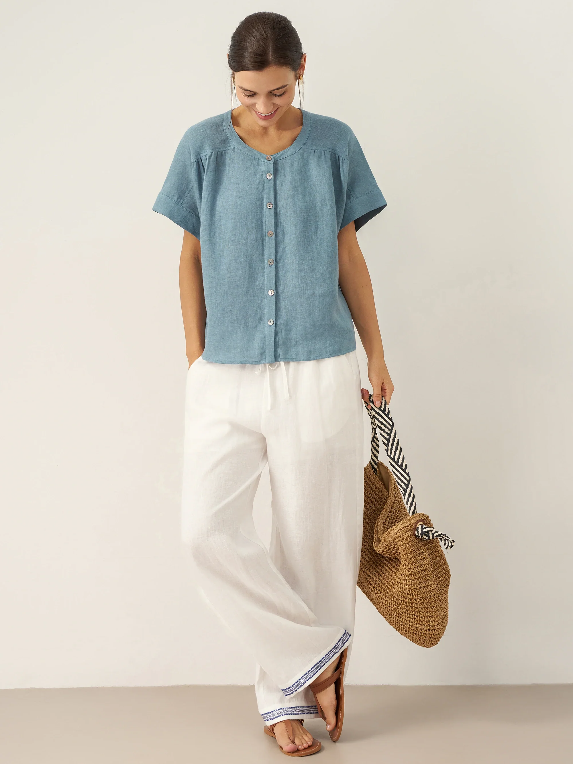 100% Linen Short Sleeve Crew Neck Shirt FINA - Image 9