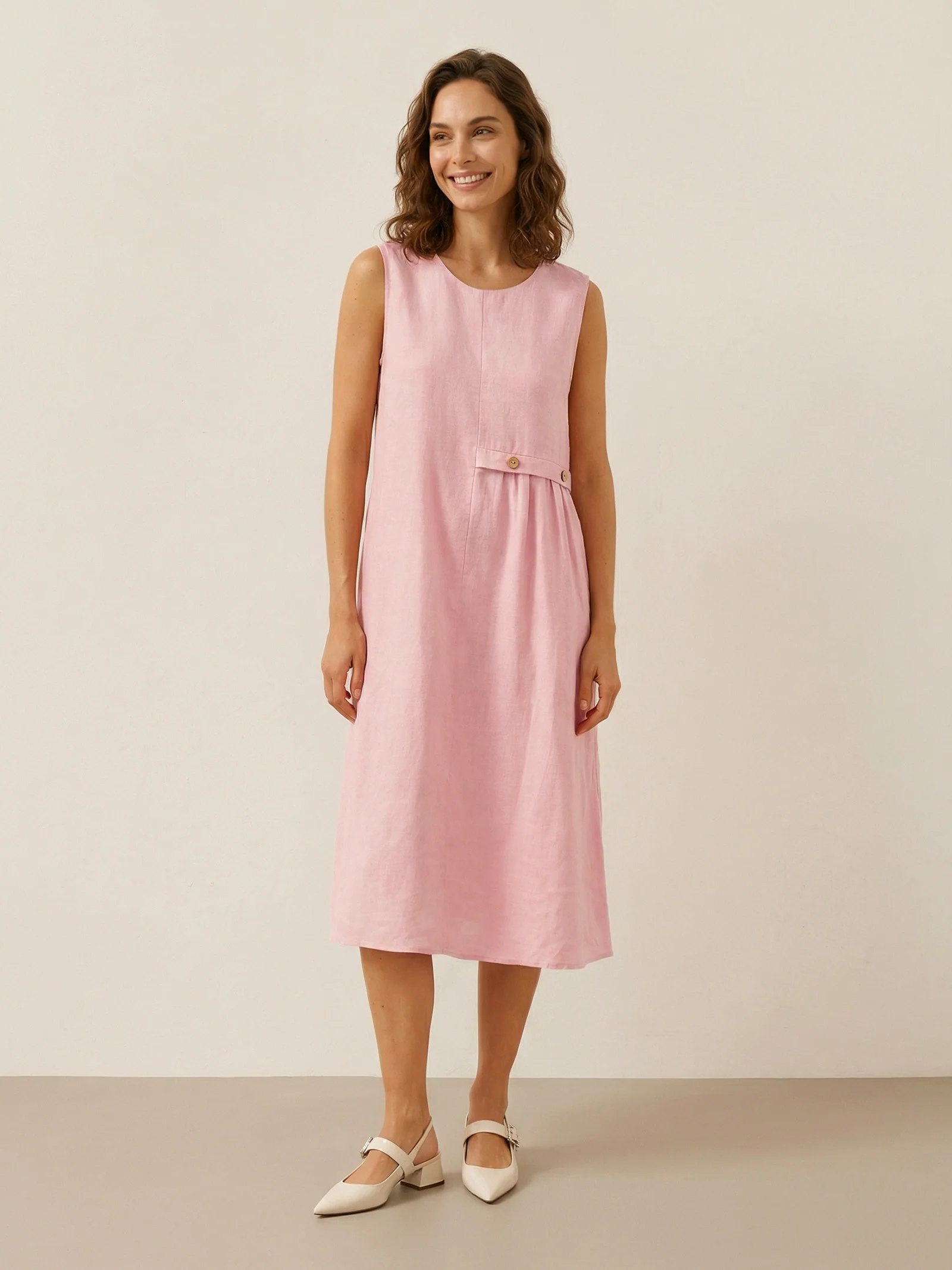 100% Linen Sleeveless Accordion Pleat Midi Dress TINA