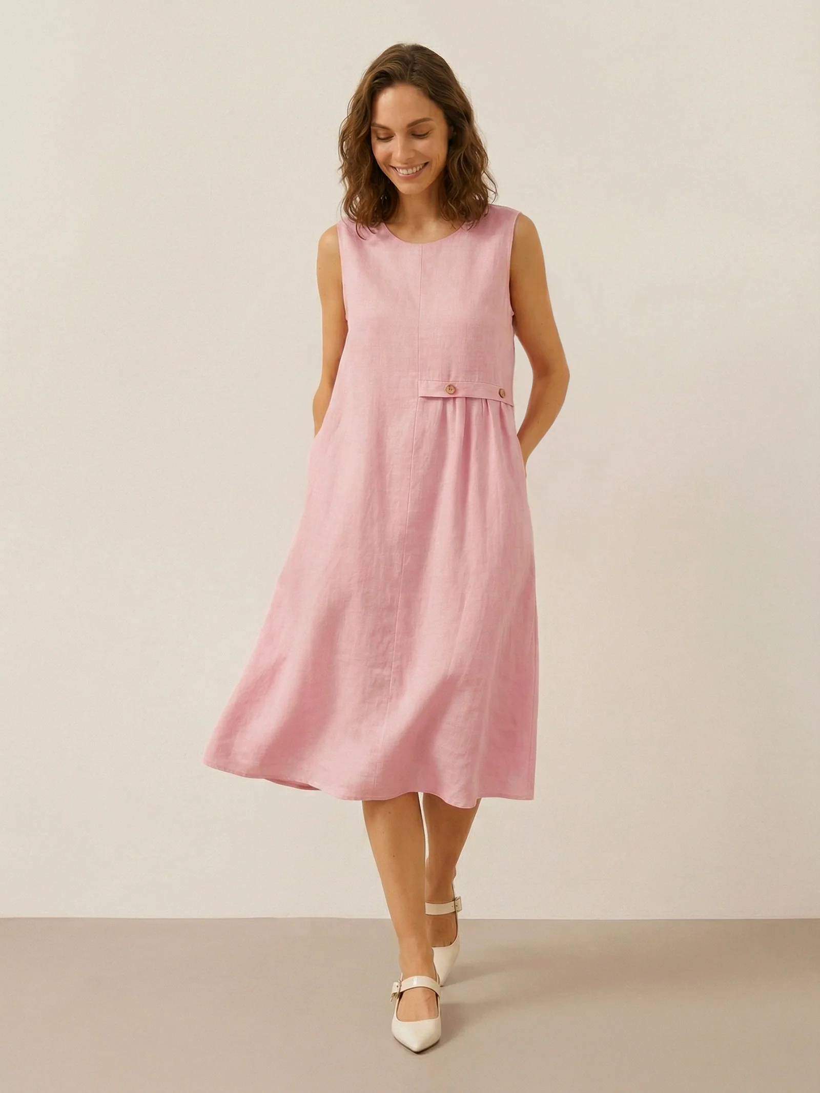 100% Linen Sleeveless Accordion Pleat Midi Dress TINA - Image 2